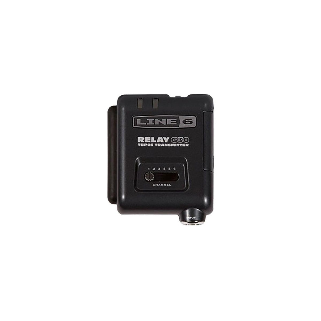 Line 6 Relay G30 TBP06 wireless transmitter — top view showing AUDIO and BATT LEDs