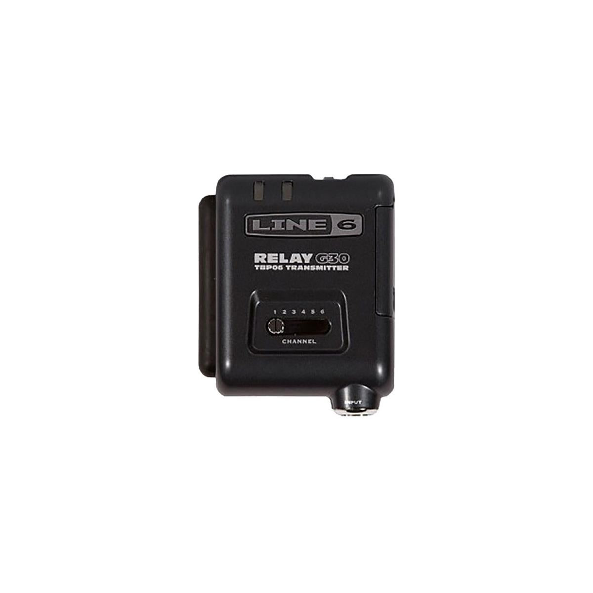 Line 6 Relay G30 TBP06 wireless transmitter — top view showing AUDIO and BATT LEDs