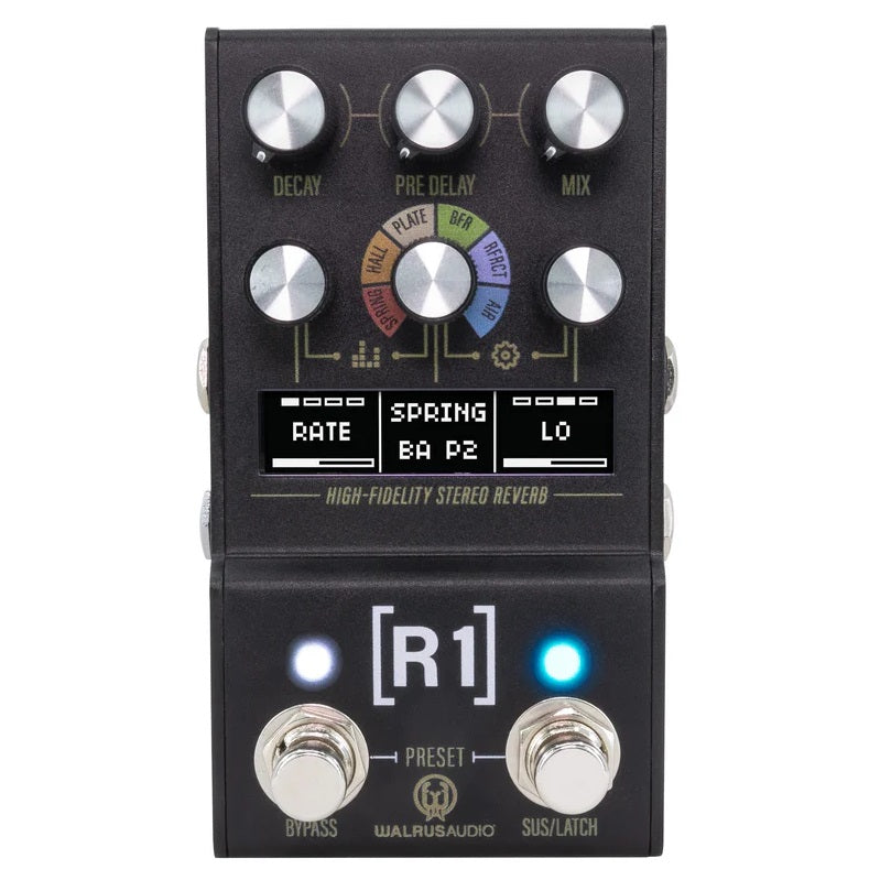 Walrus Audio MAKO MKII R1 reverb pedal — black front with program selector and OLED