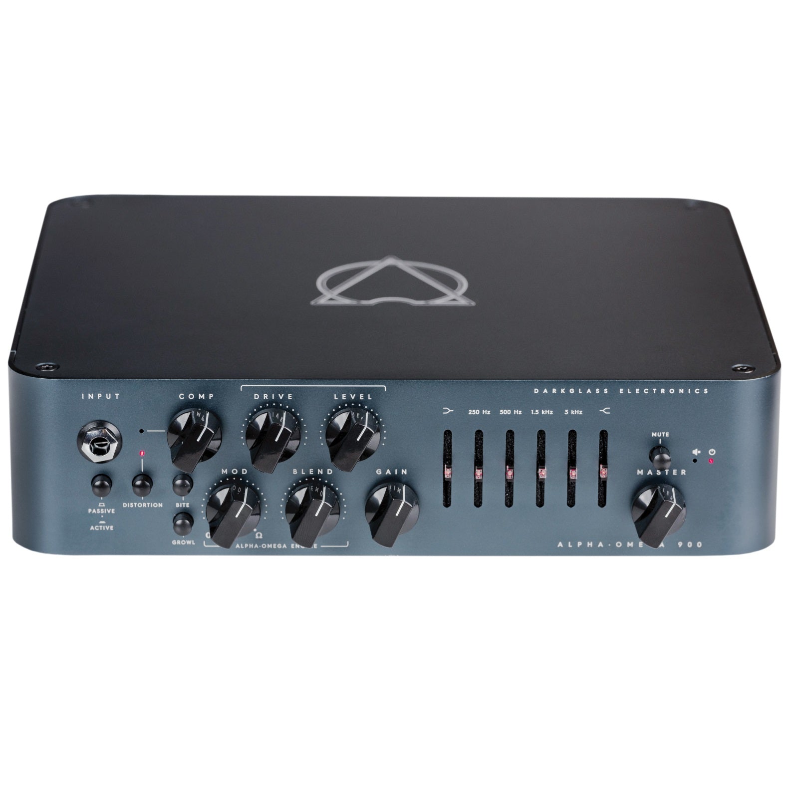 Darkglass Alpha Omega 900 bass amp head — angled front view