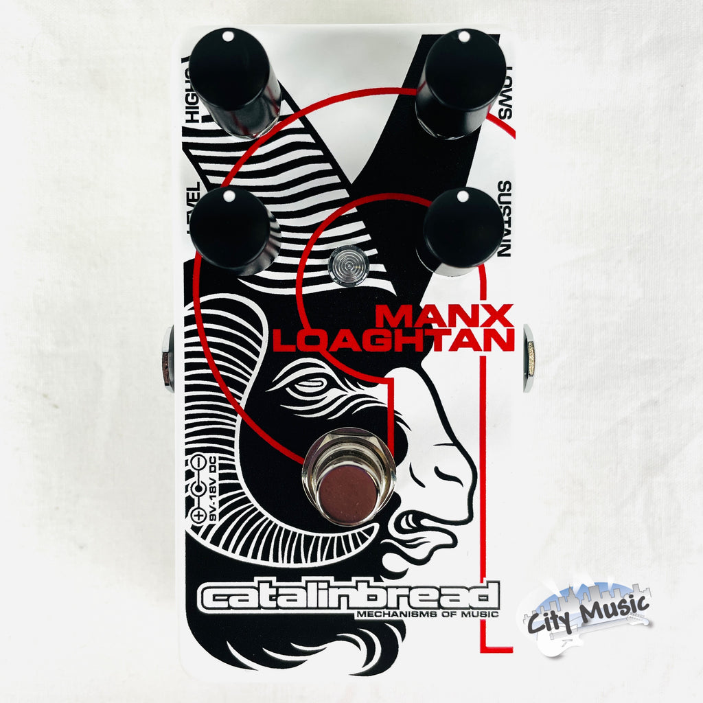 Catalinbread Manx Loaghtan fuzz pedal - white enclosure with black ram graphic, top