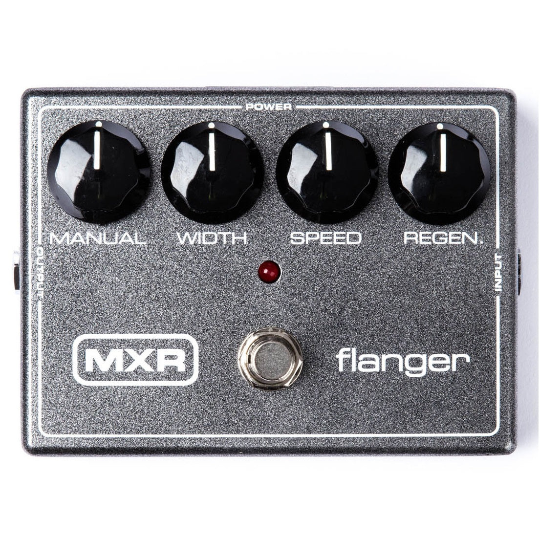 MXR M117R Flanger pedal — top view of gray sparkle enclosure and knobs