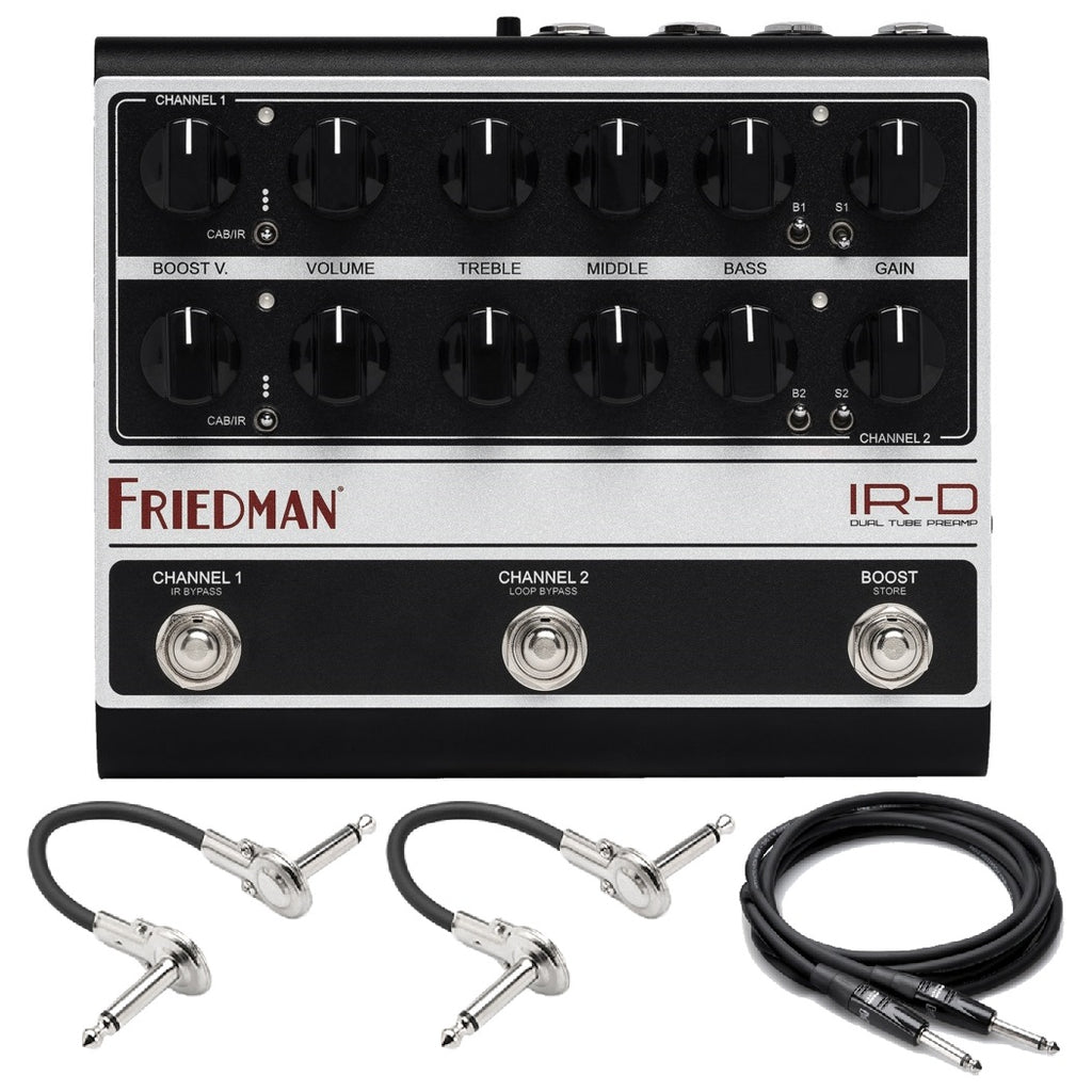 Friedman IR-D dual channel tube preamp DI pedal in black and silver with included cables