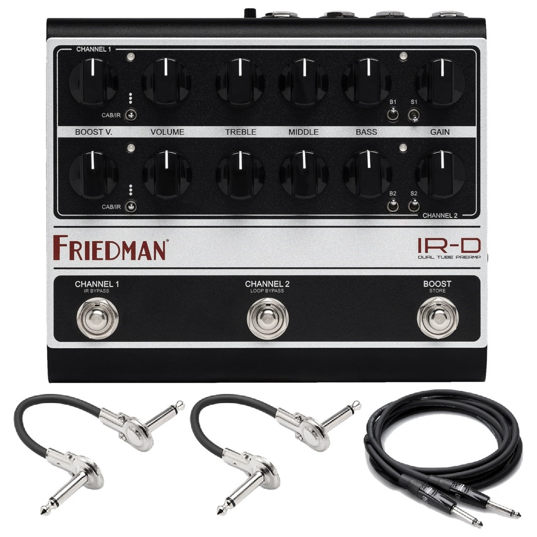 Friedman IR-D dual channel tube preamp DI pedal in black and silver with included cables