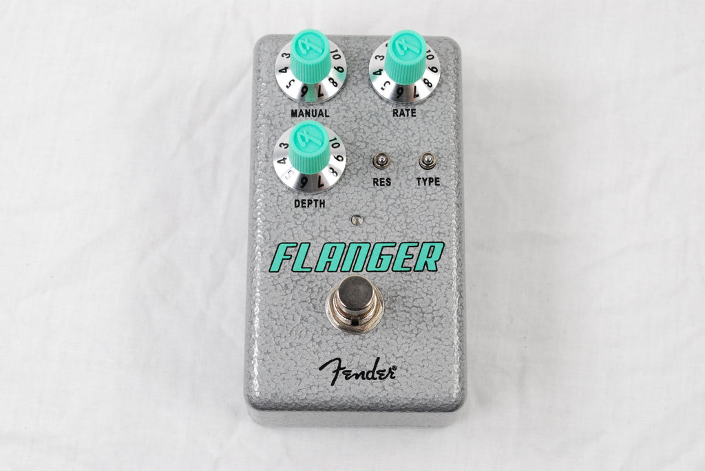 Fender Hammertone Flanger pedal — silver enclosure, top-down view of knobs