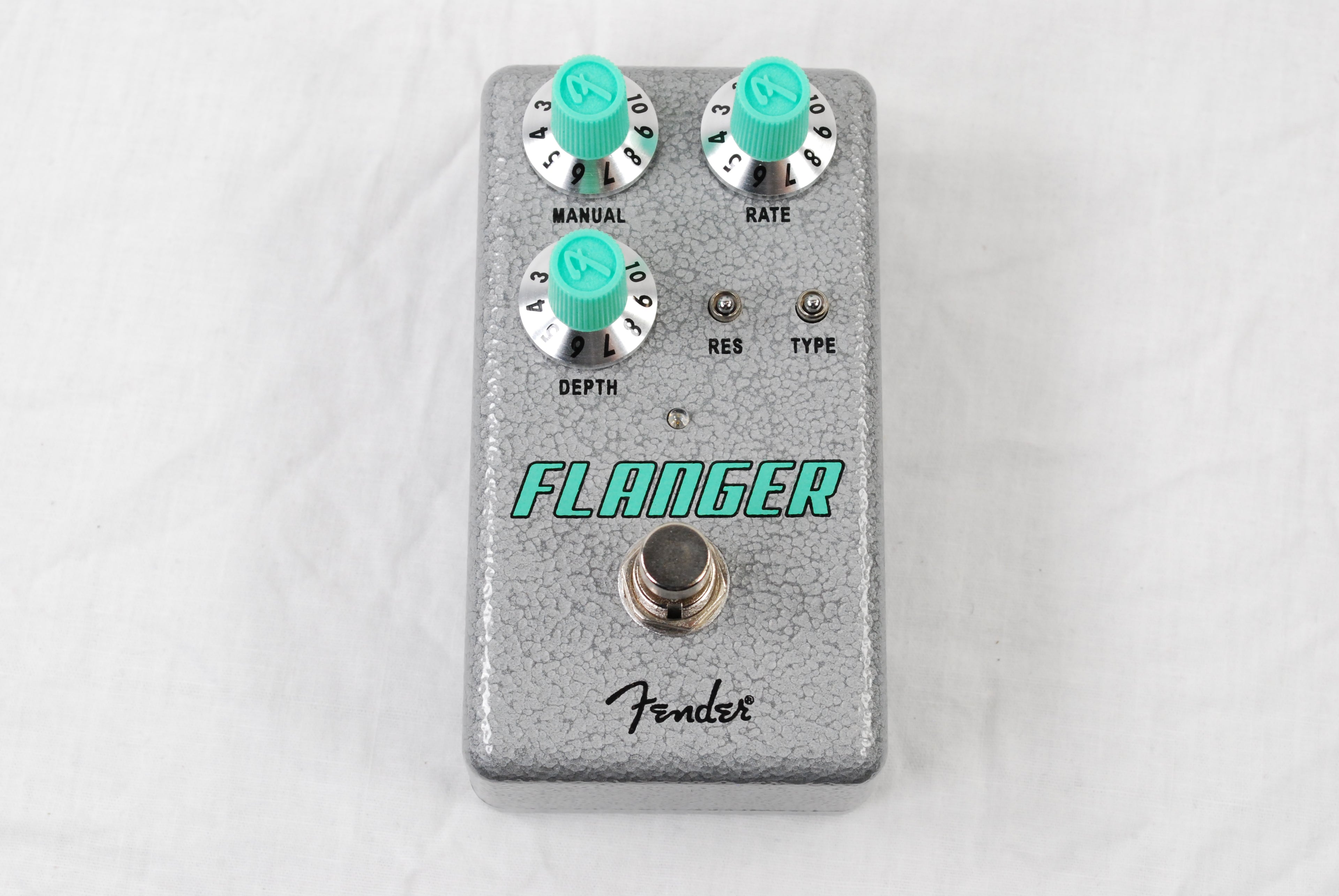 Fender Hammertone Flanger pedal — silver enclosure, top-down view of knobs