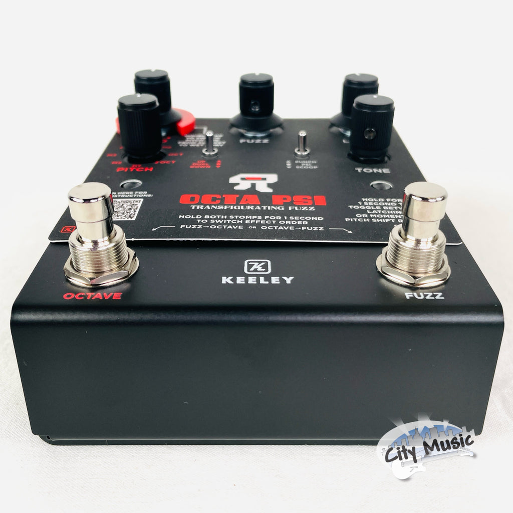 Used Keeley Octa Psi fuzz pedal — side jacks view