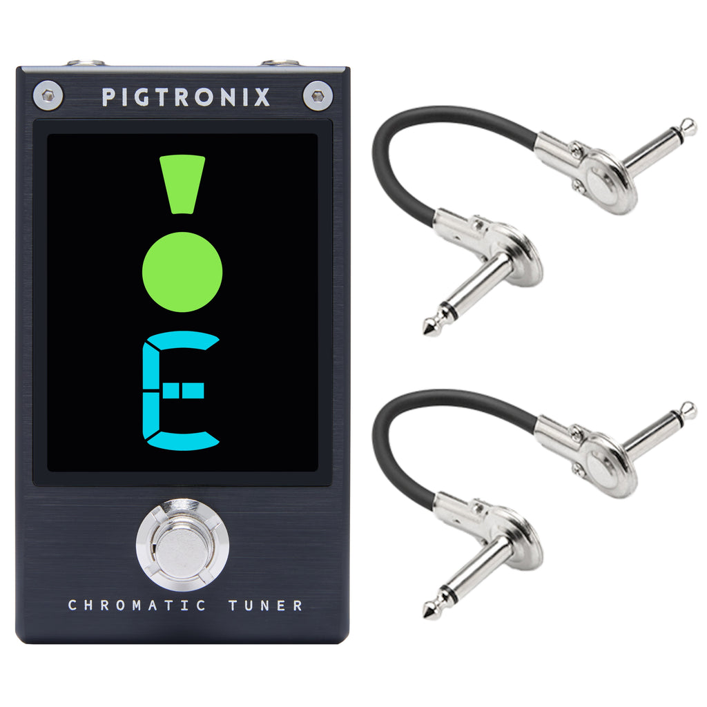 Pigtronix 2NR chromatic tuner pedal — LED display showing in-tune note, with patch cables