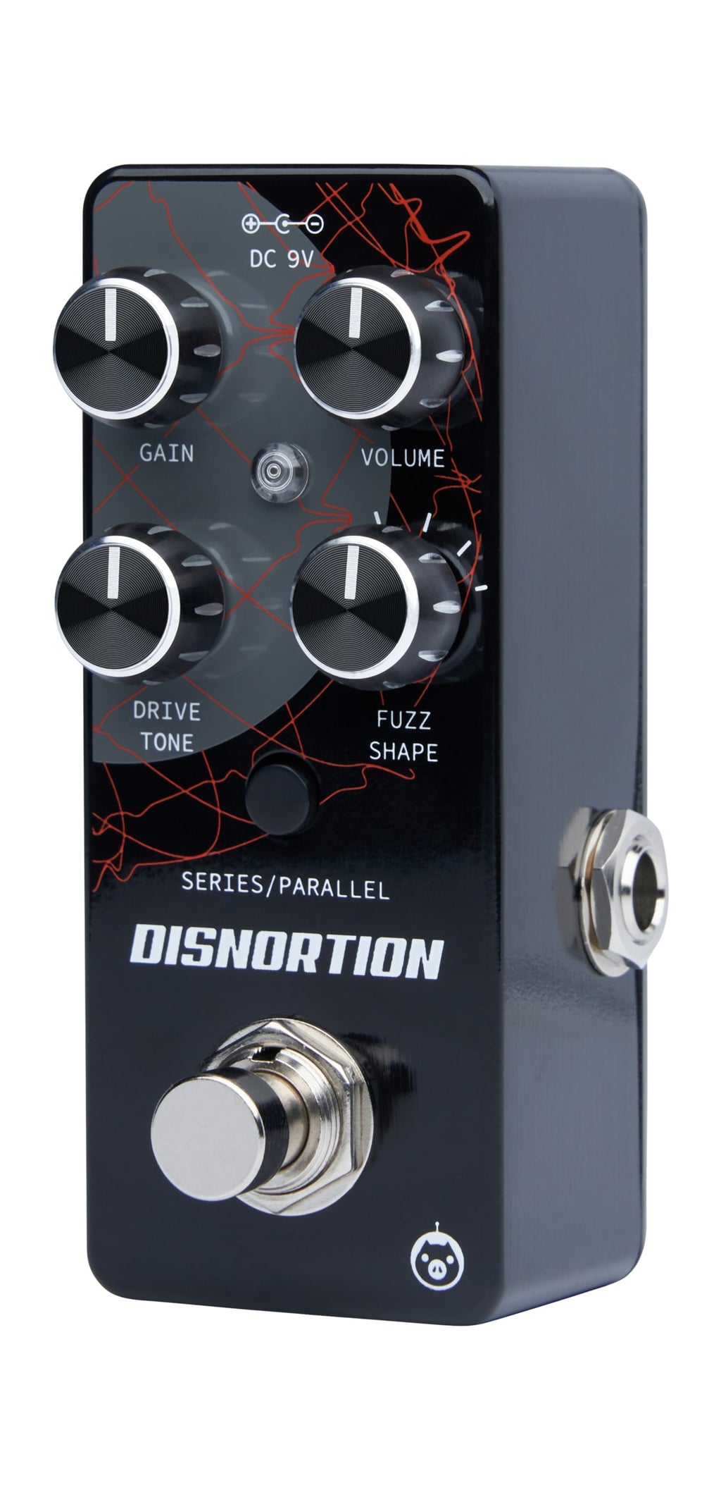 Pigtronix Disnortion overdrive/fuzz — angled view of black pedal