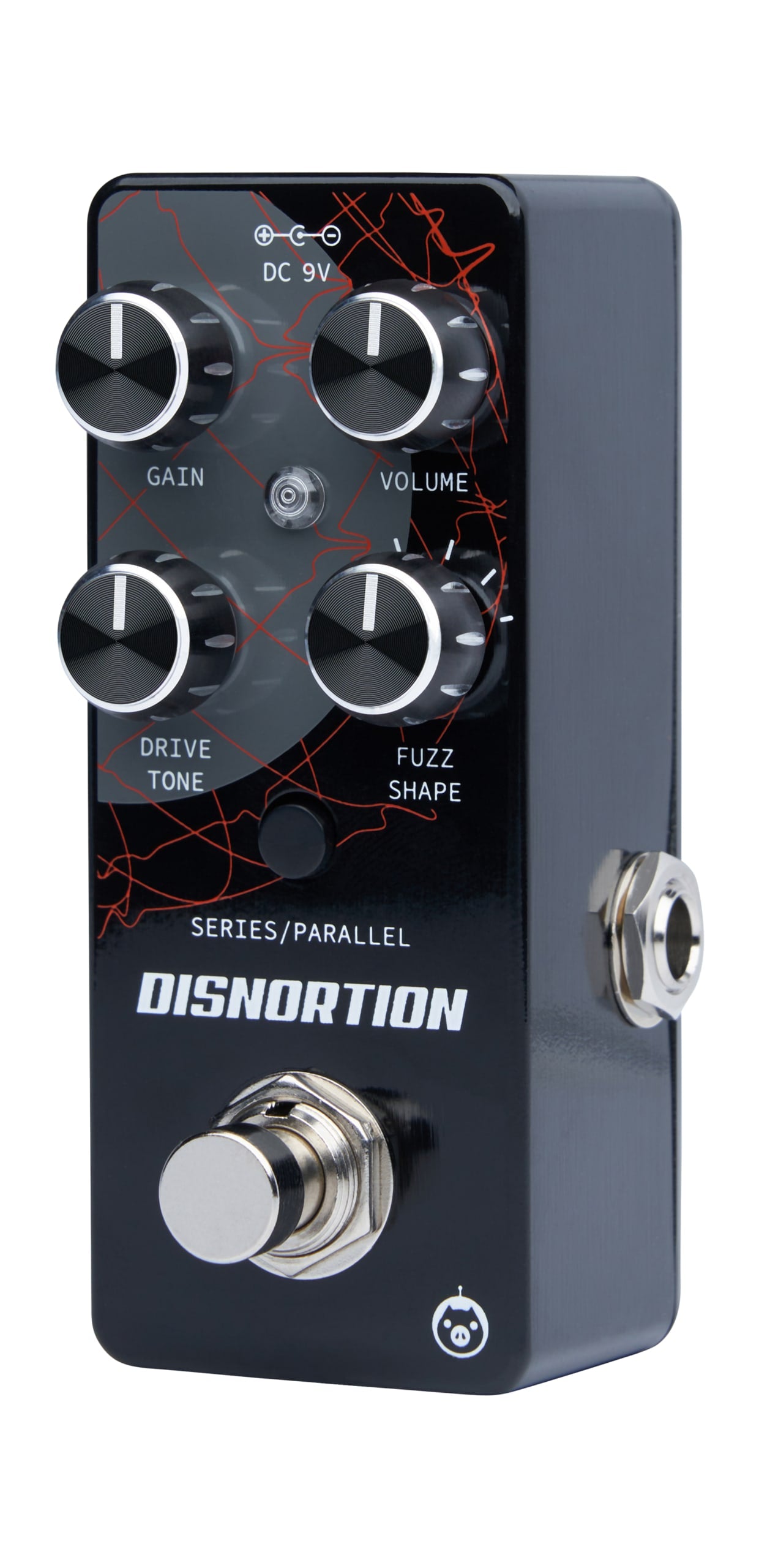 Pigtronix Disnortion overdrive/fuzz — angled view of black pedal