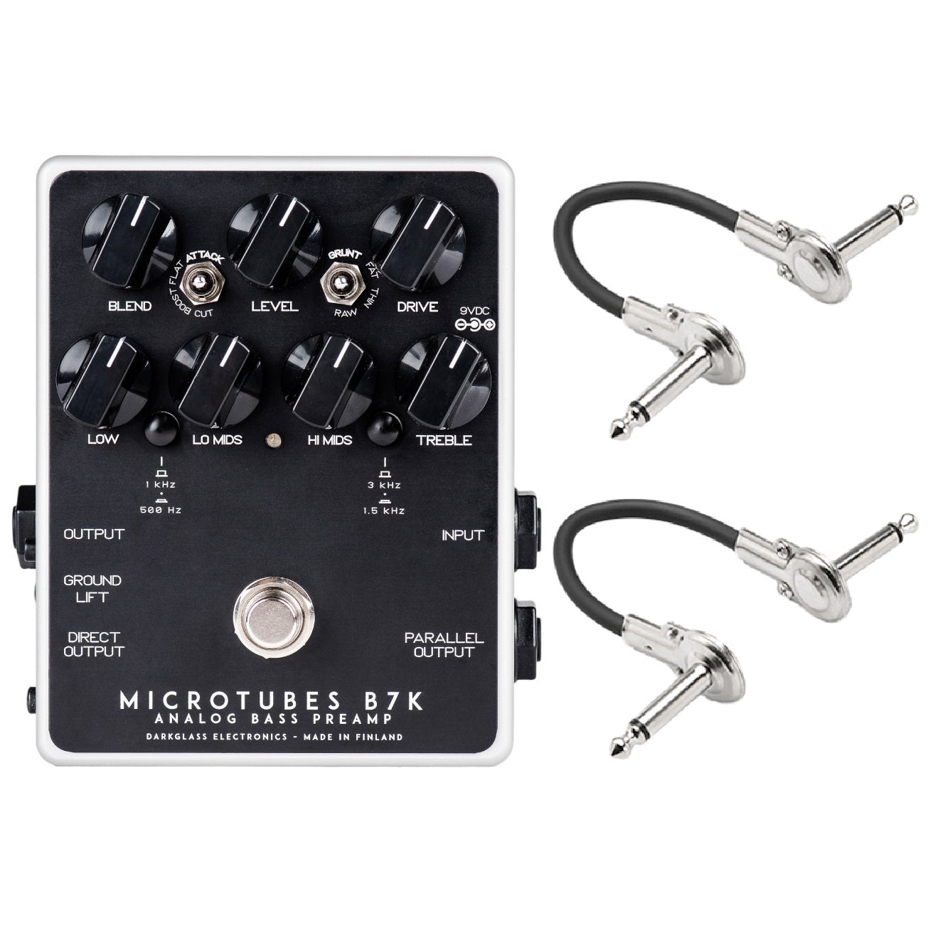 Darkglass Microtubes B7K V2 bass preamp pedal with two patch cables — black face, white frame
