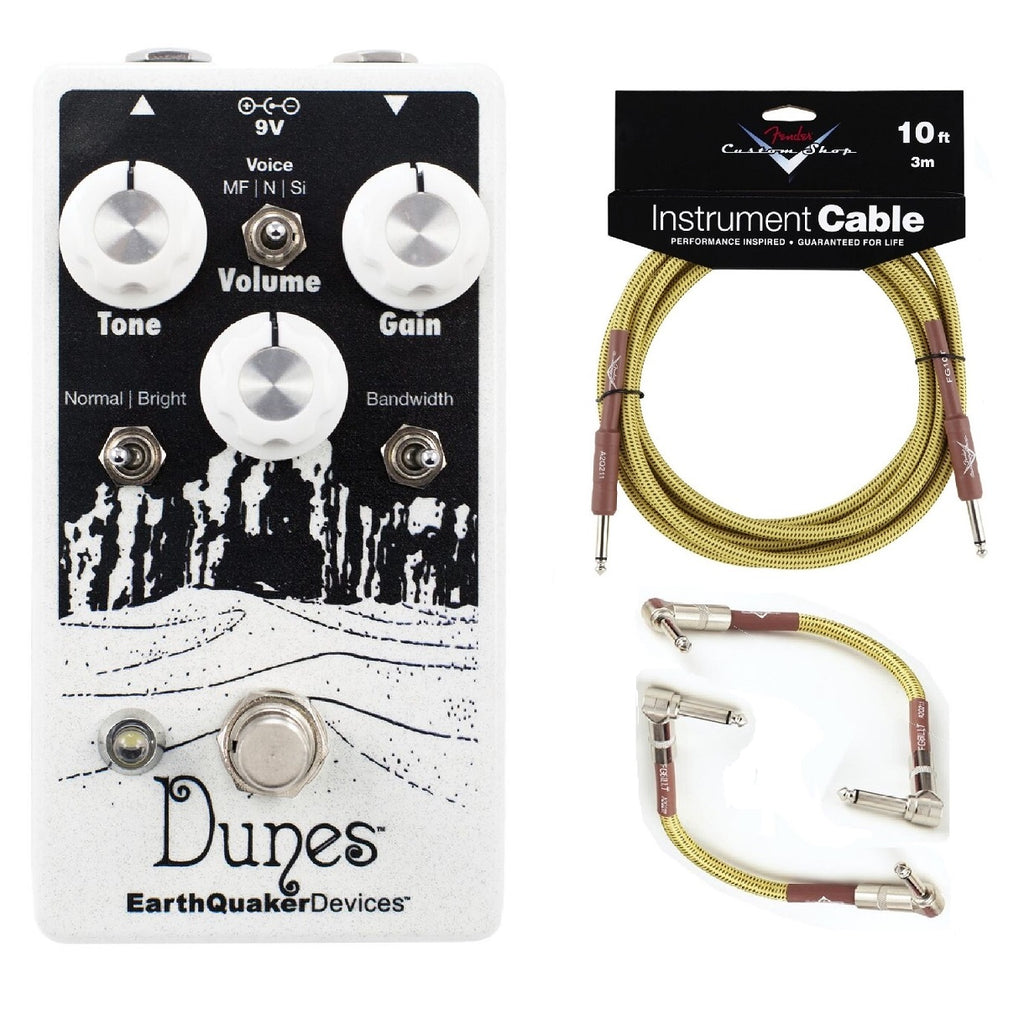 EarthQuaker Dunes V2 overdrive pedal — white front with included cables
