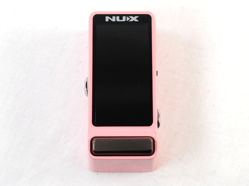 Used NUX NTU-3 Flow Tune mini guitar tuner — pink enclosure, front display view