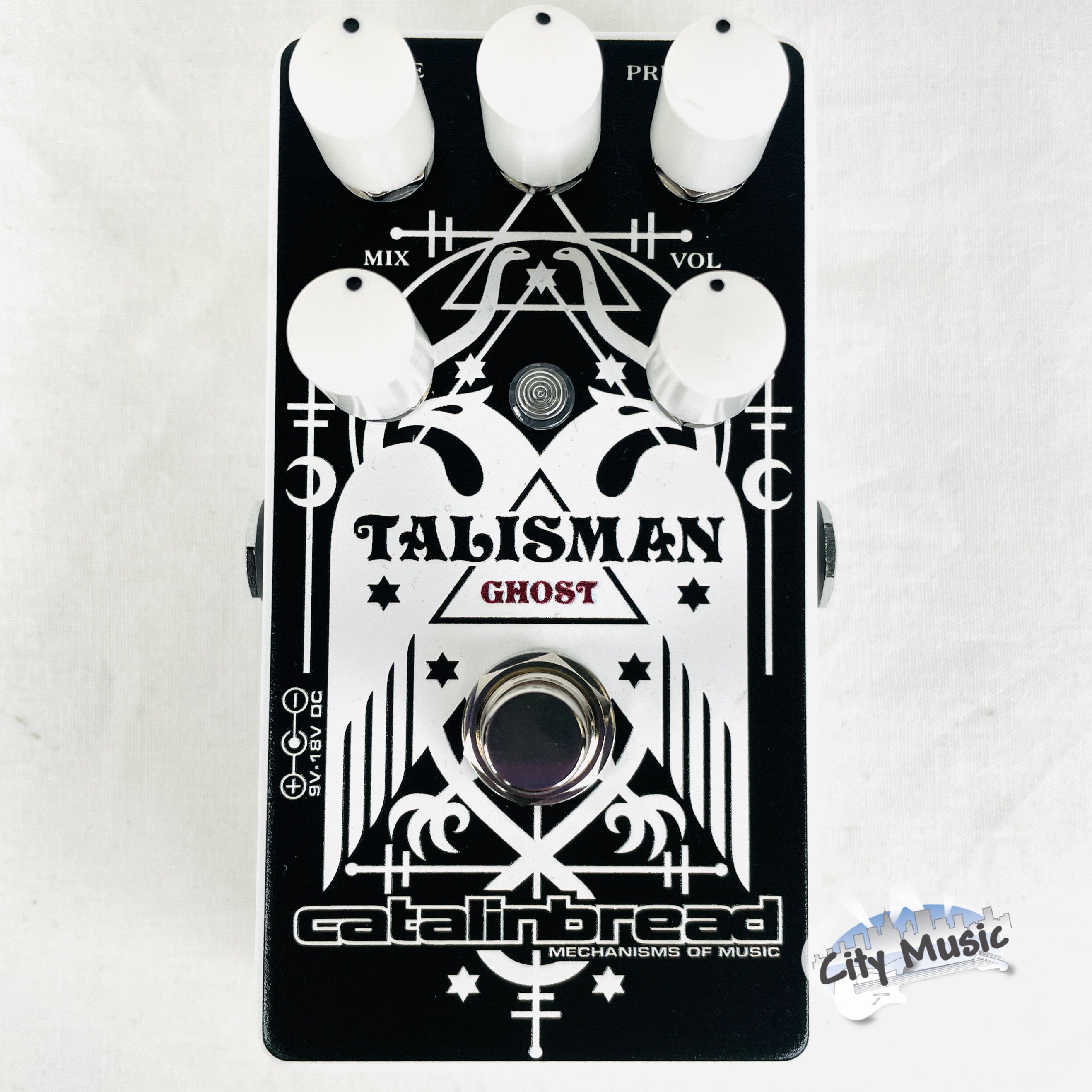 Used Catalinbread Talisman Ghost plate reverb pedal — black enclosure with white graphics, top view