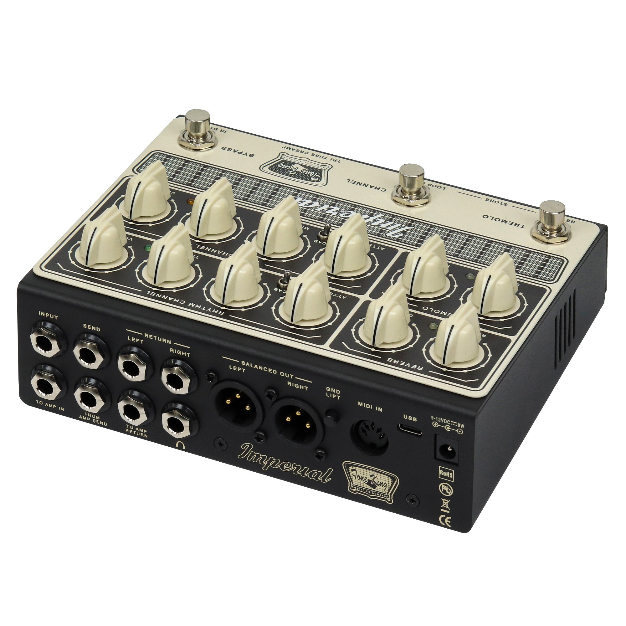 Tone King Imperial tri-tube preamp pedal — side profile view