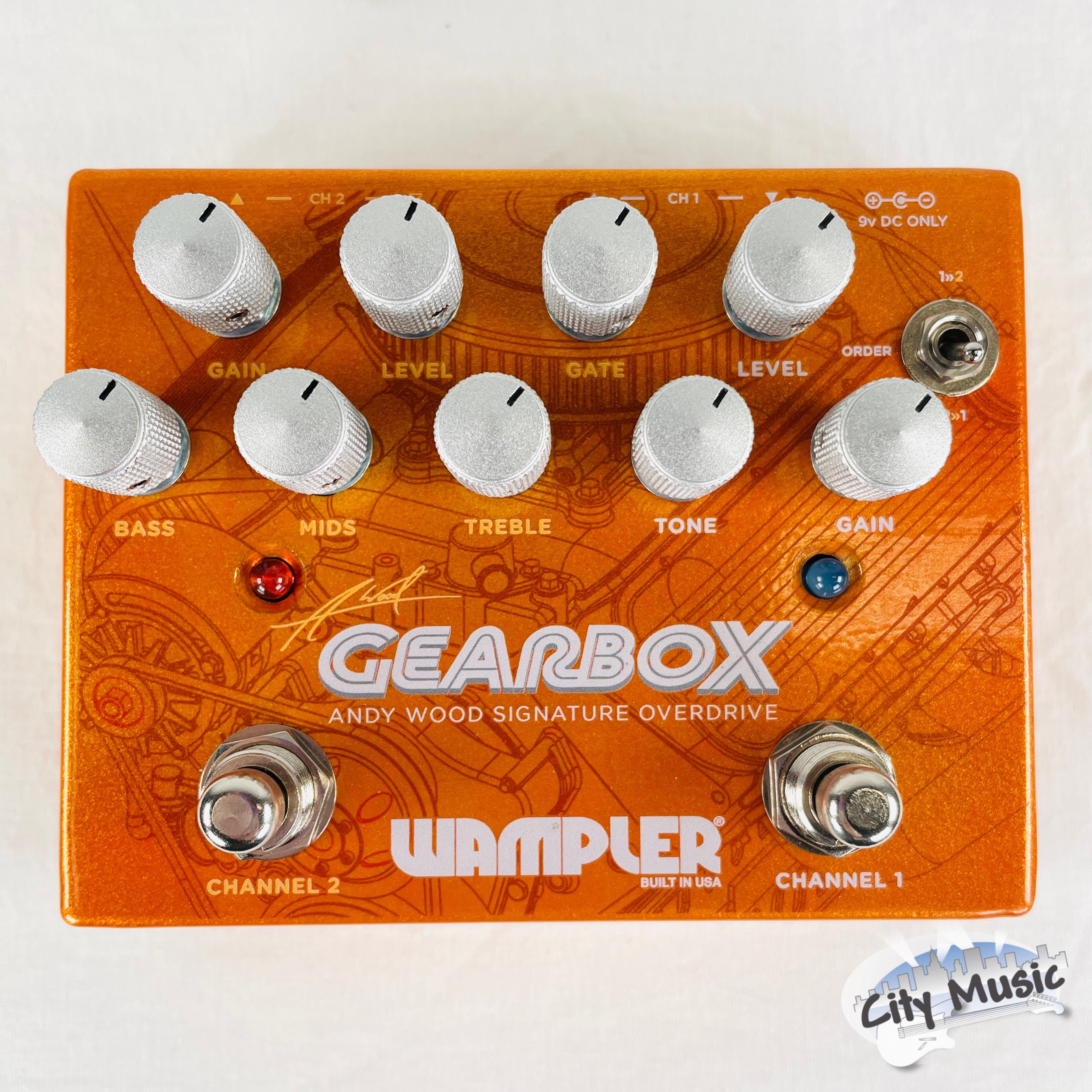 Wampler Gearbox Andy Wood Signature Dual Overdrive - Orange sparkle finish, top view