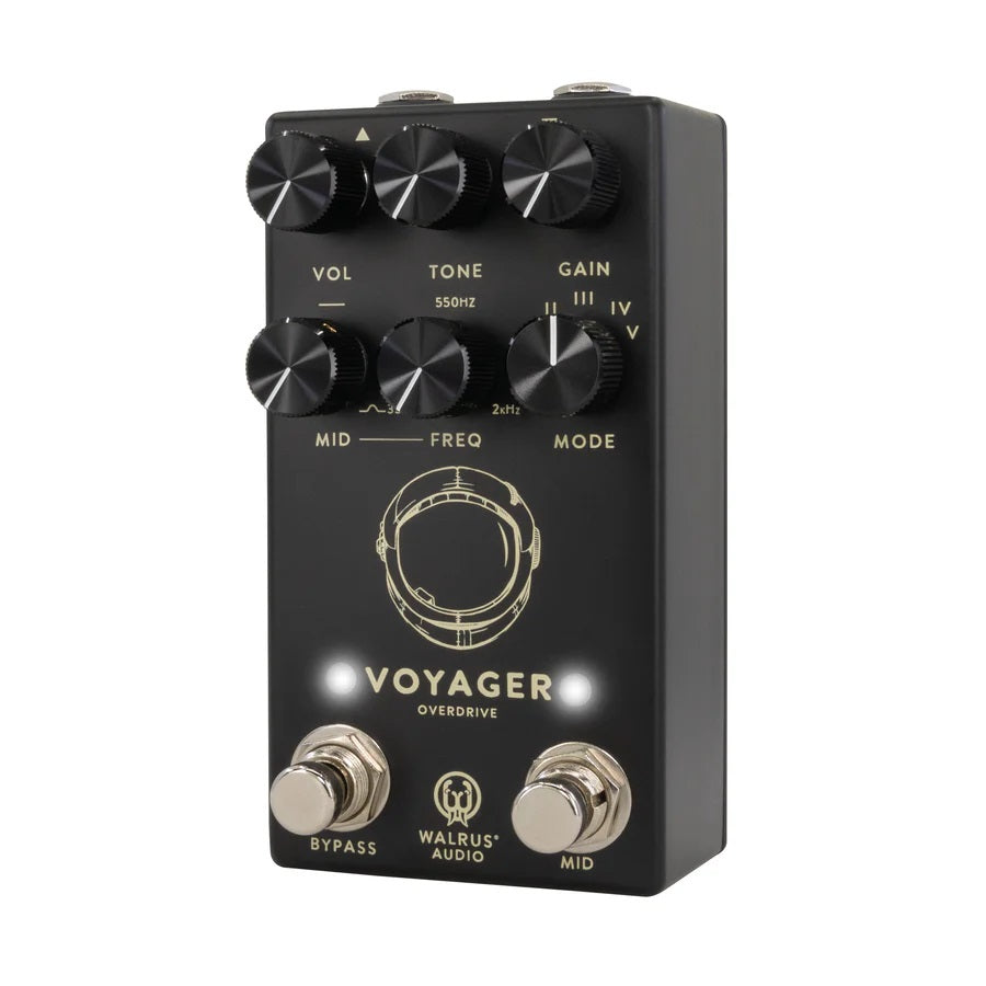 Walrus Audio Voyager MKII preamp overdrive pedal — black, controls close-up