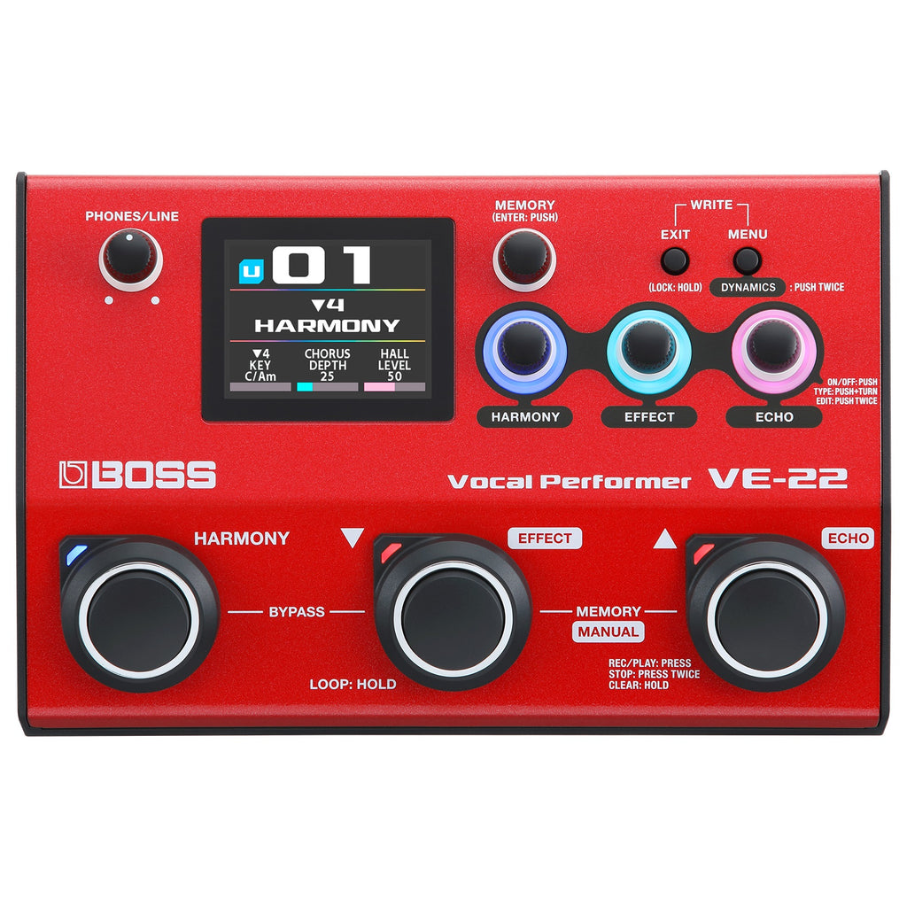 Boss VE-22 Vocal Performer pedal in red, top control panel