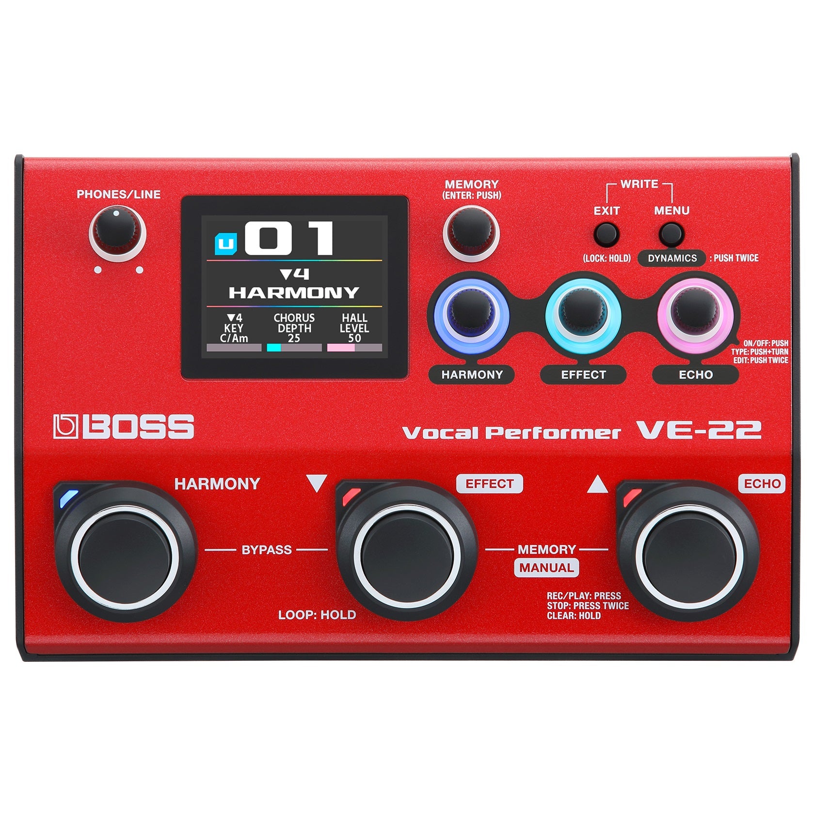 Boss VE-22 Vocal Performer pedal in red, top control panel