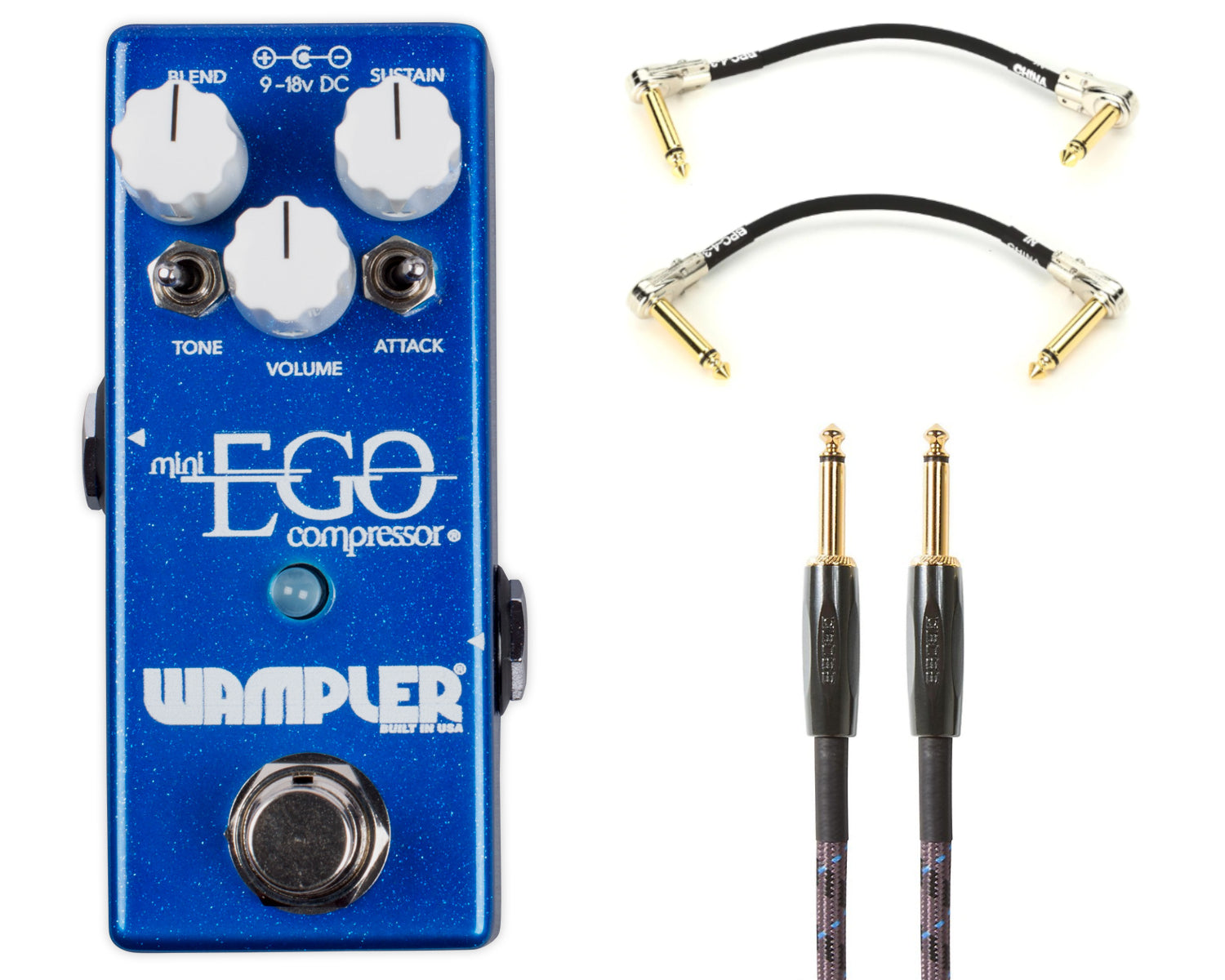 Wampler Mini Ego compressor pedal — blue top view with included cables