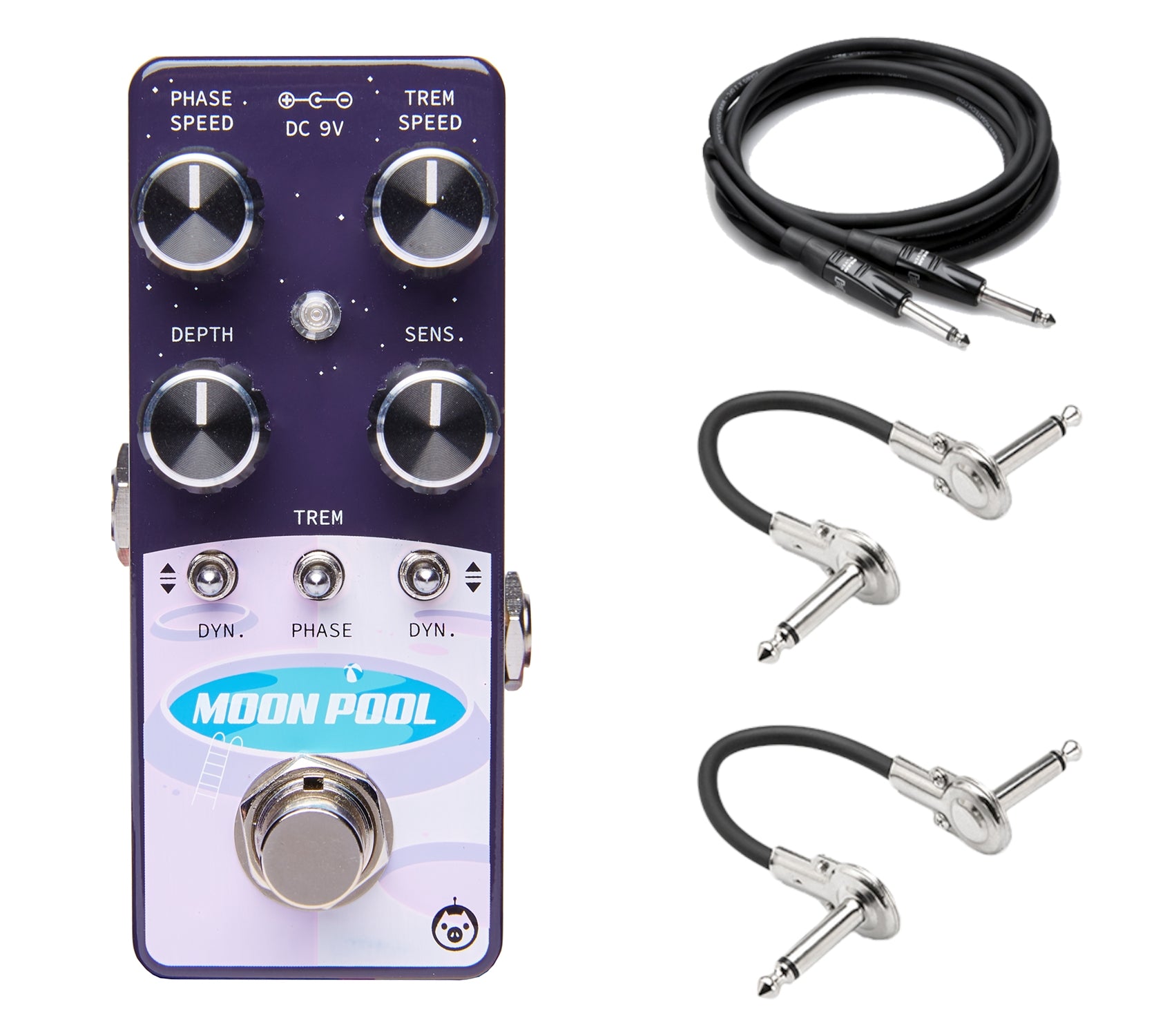 Pigtronix Moon Pool phaser pedal — purple enclosure with included Hosa cables