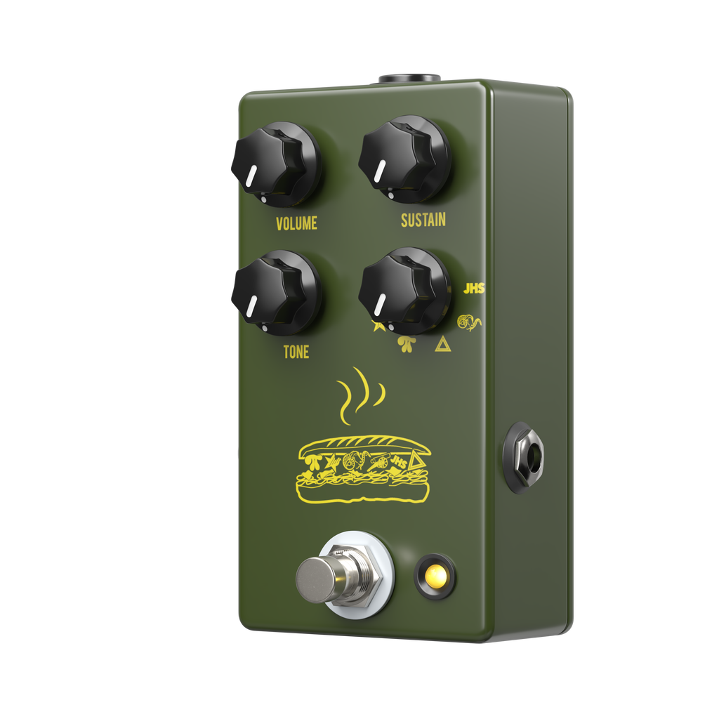 JHS Muffuletta fuzz pedal in Army Green — side jacks view