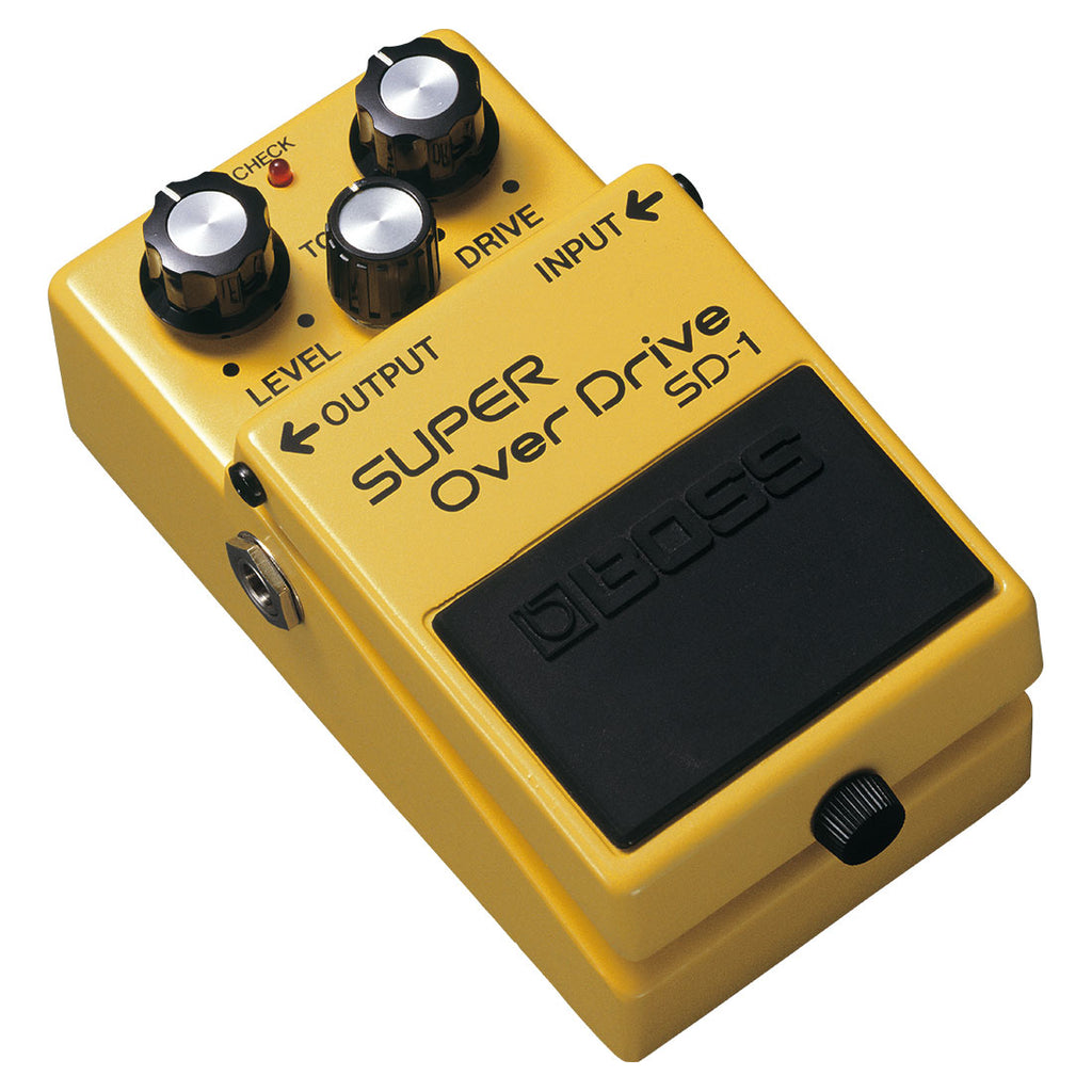 Boss SD-1 Super Overdrive guitar pedal — side view of input and output jacks