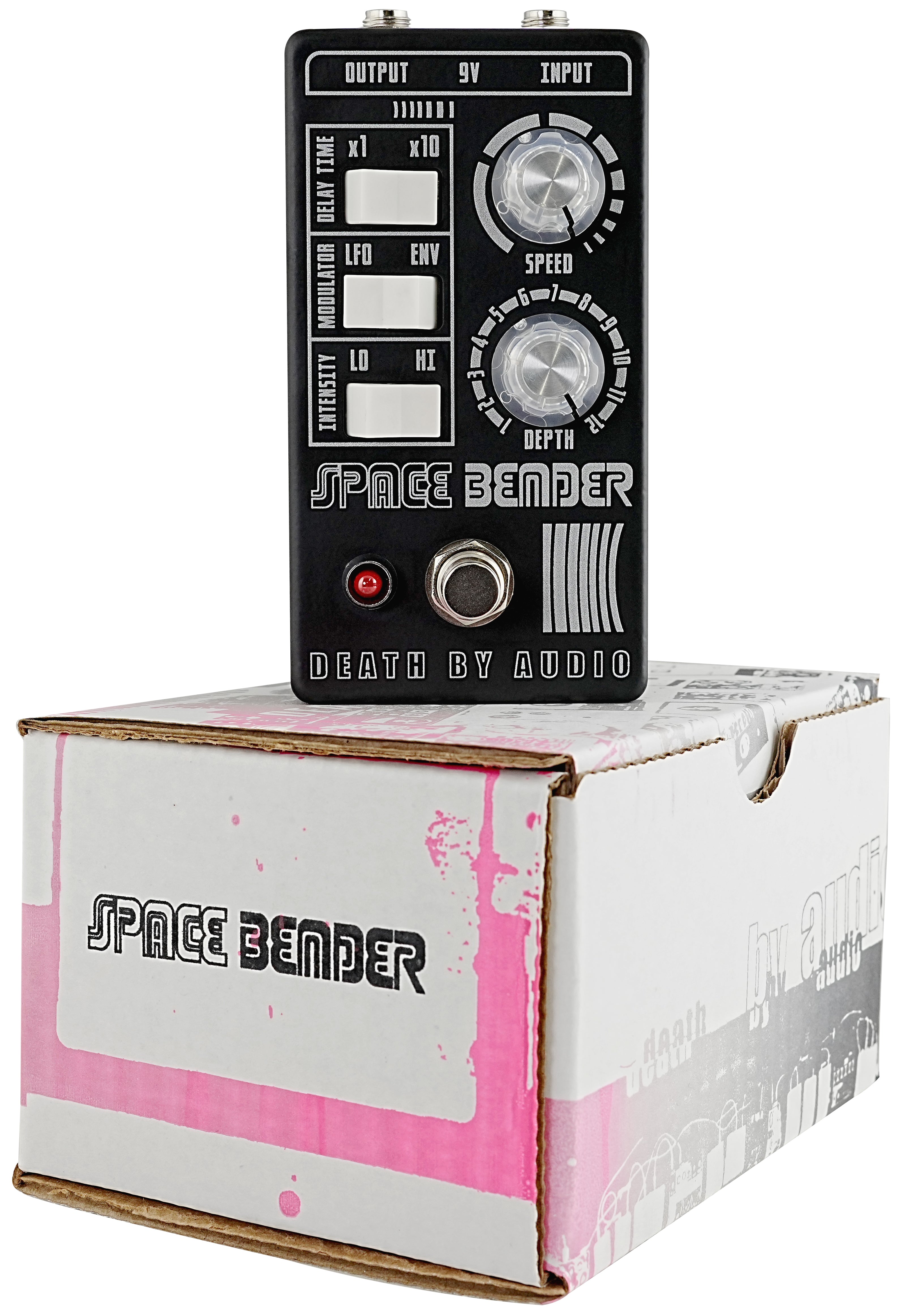 Death By Audio Space Bender chorus/flanger pedal — black enclosure with box