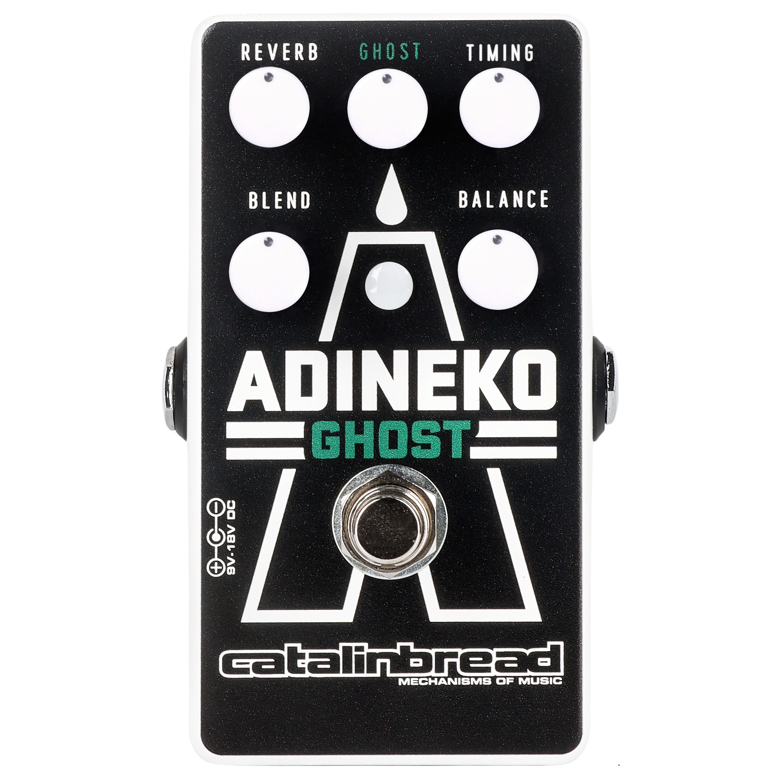 Catalinbread Adineko Ghost oil can delay pedal — black enclosure, top view with white knobs