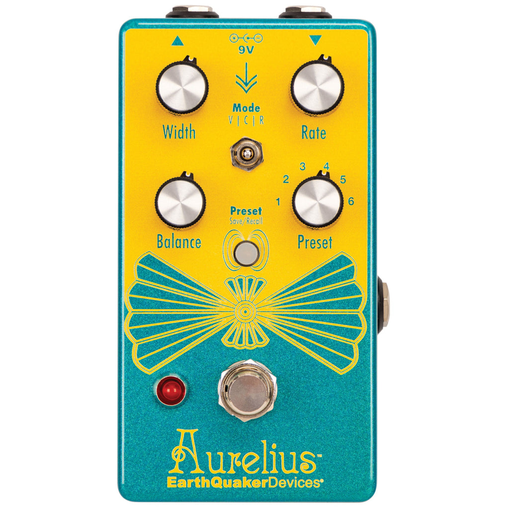 EarthQuaker Devices Aurelius chorus pedal — top view, yellow and teal