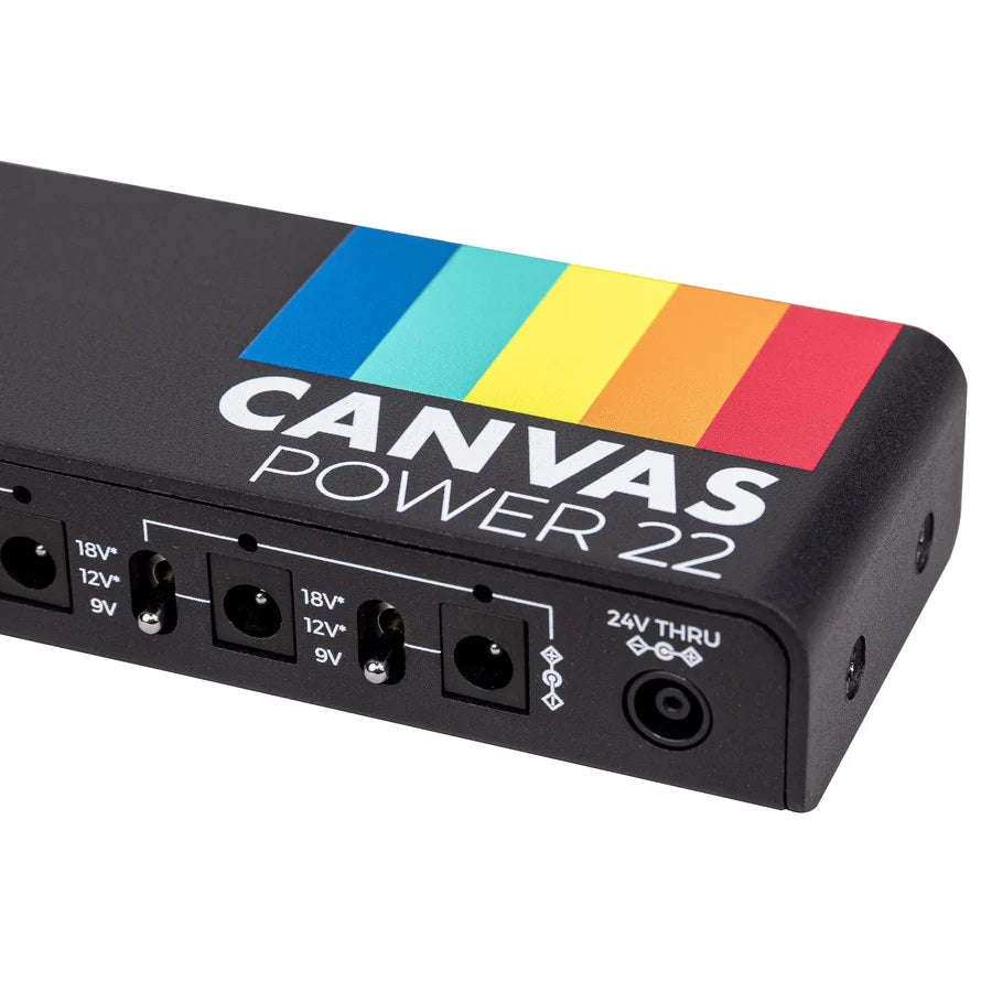 Walrus Audio Canvas Power 22 LINK power supply — angled view with color stripe logo