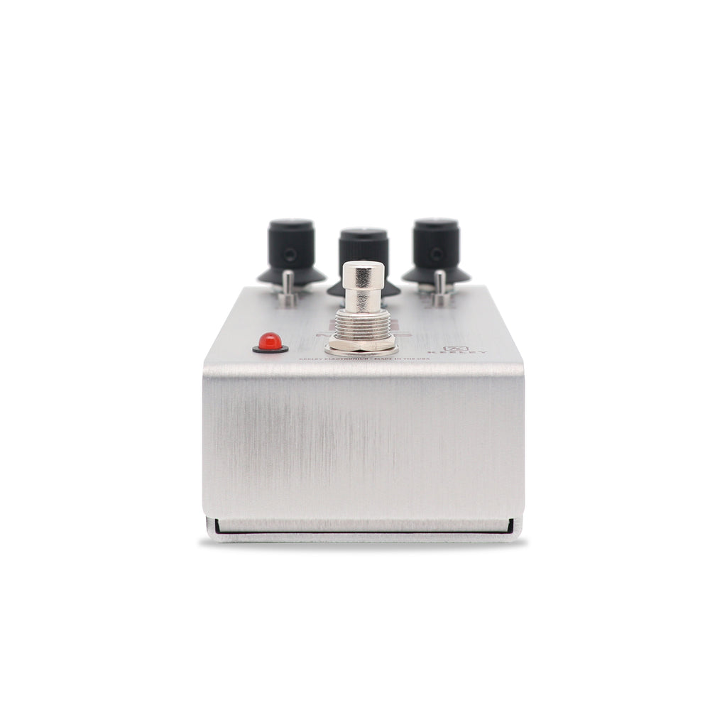 Keeley Manis Overdrive pedal — silver enclosure, opposite side view