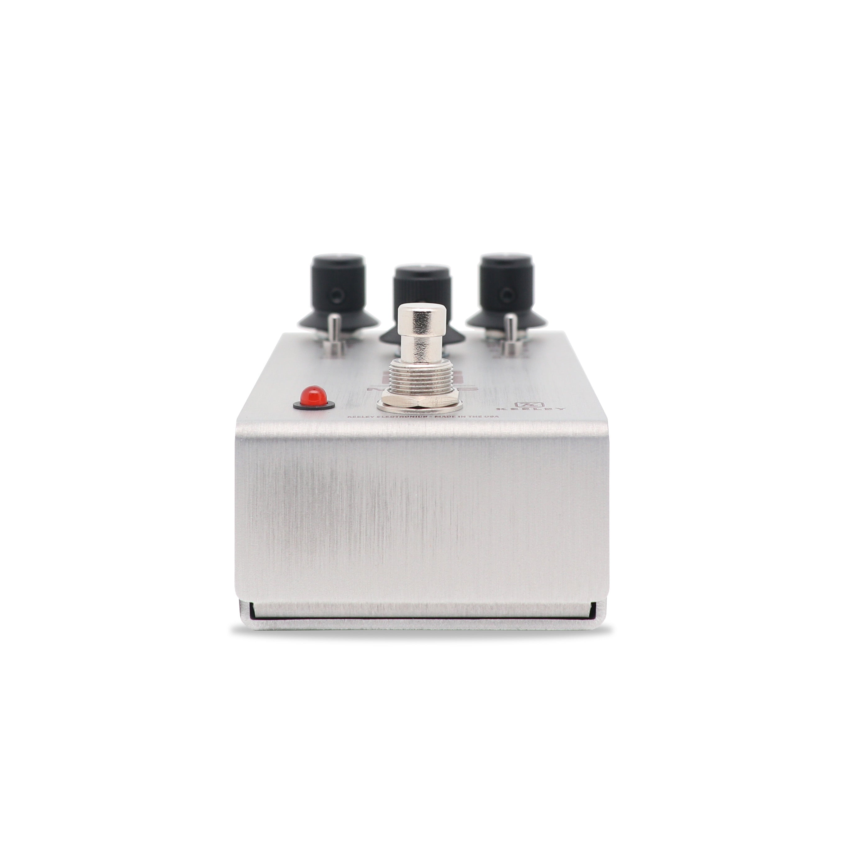 Keeley Manis Overdrive pedal — silver enclosure, opposite side view