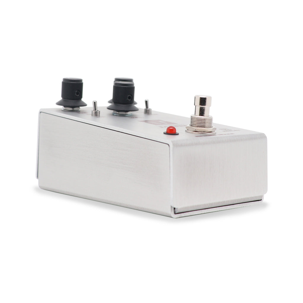 Keeley Manis Overdrive pedal — silver enclosure, angled product shot
