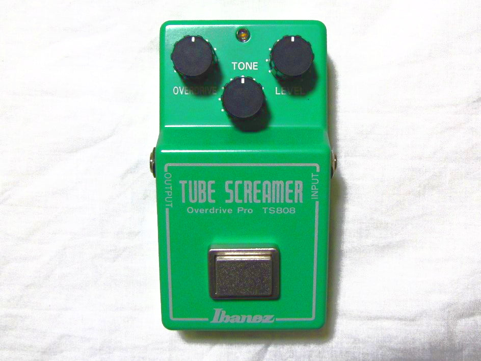 Used Ibanez TS808 Tube Screamer overdrive pedal - angled view of green enclosure