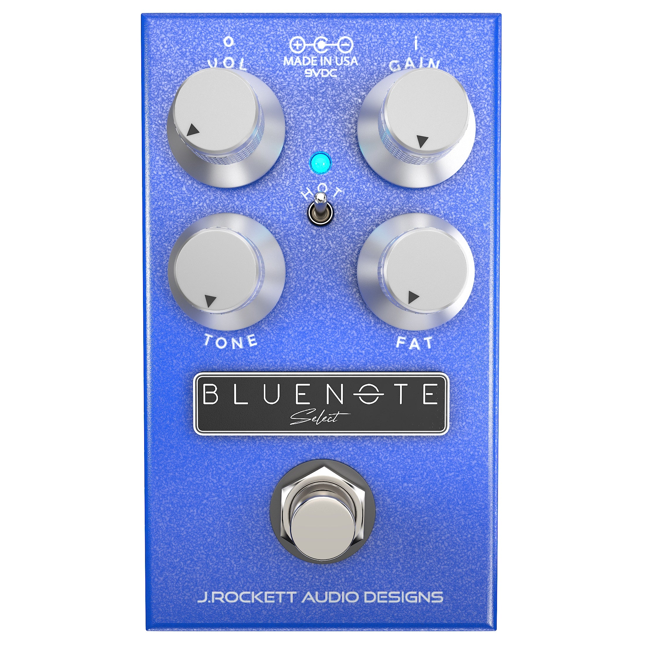 J. Rockett Blue Note Select electric blue overdrive pedal top view