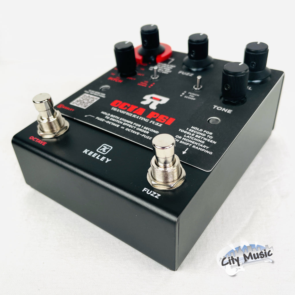 Used Keeley Octa Psi fuzz pedal — footswitches detail