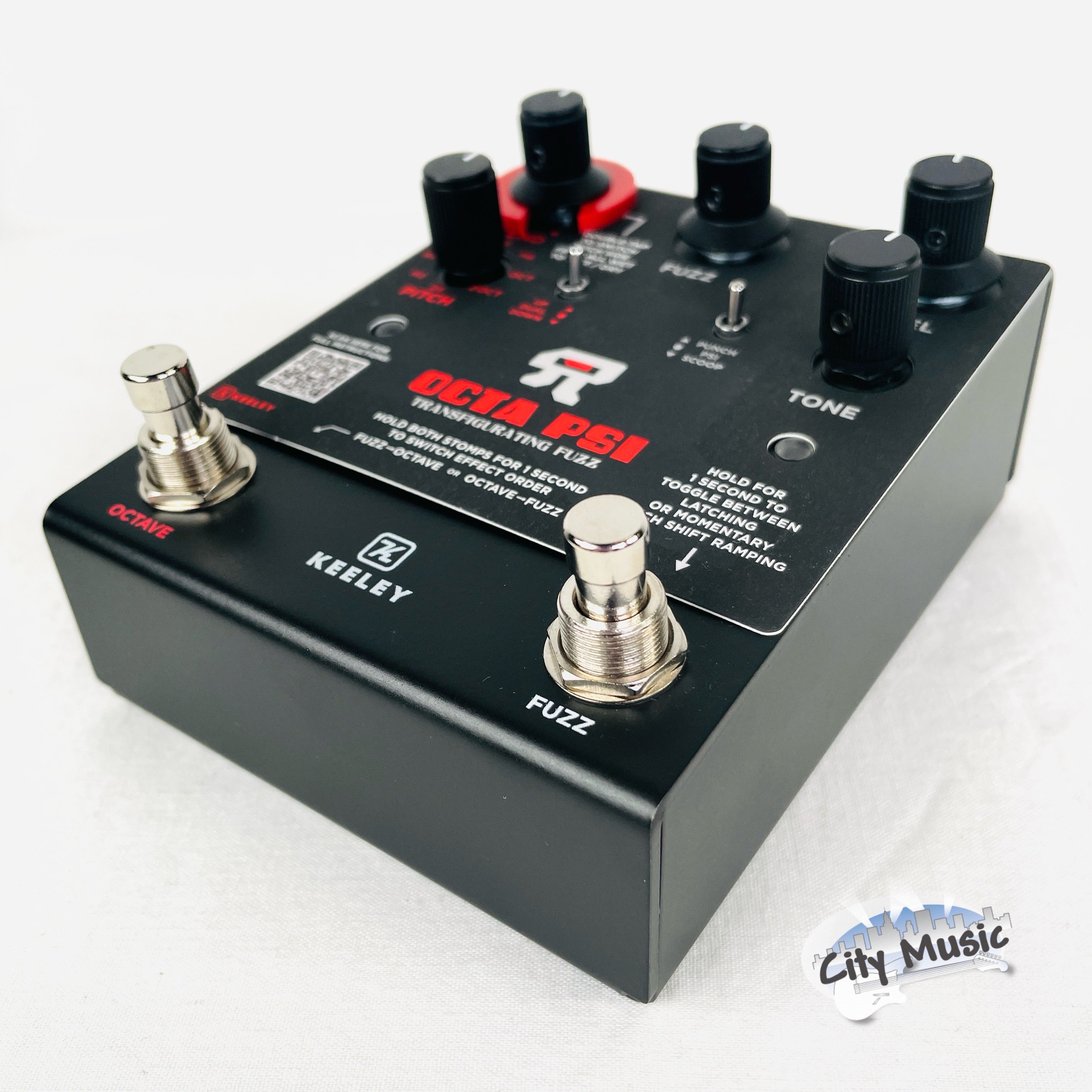 Used Keeley Octa Psi fuzz pedal — footswitches detail