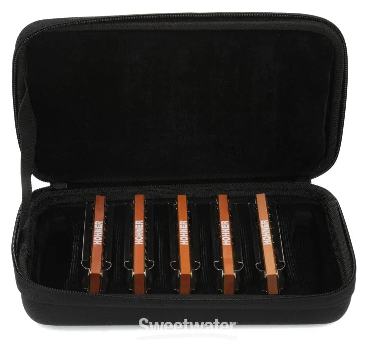 Hohner Marine Band 1896 harmonica 5-pack — packaging and case detail