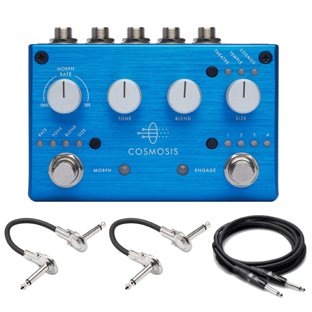 Pigtronix Cosmosis reverb pedal — top view of blue control panel