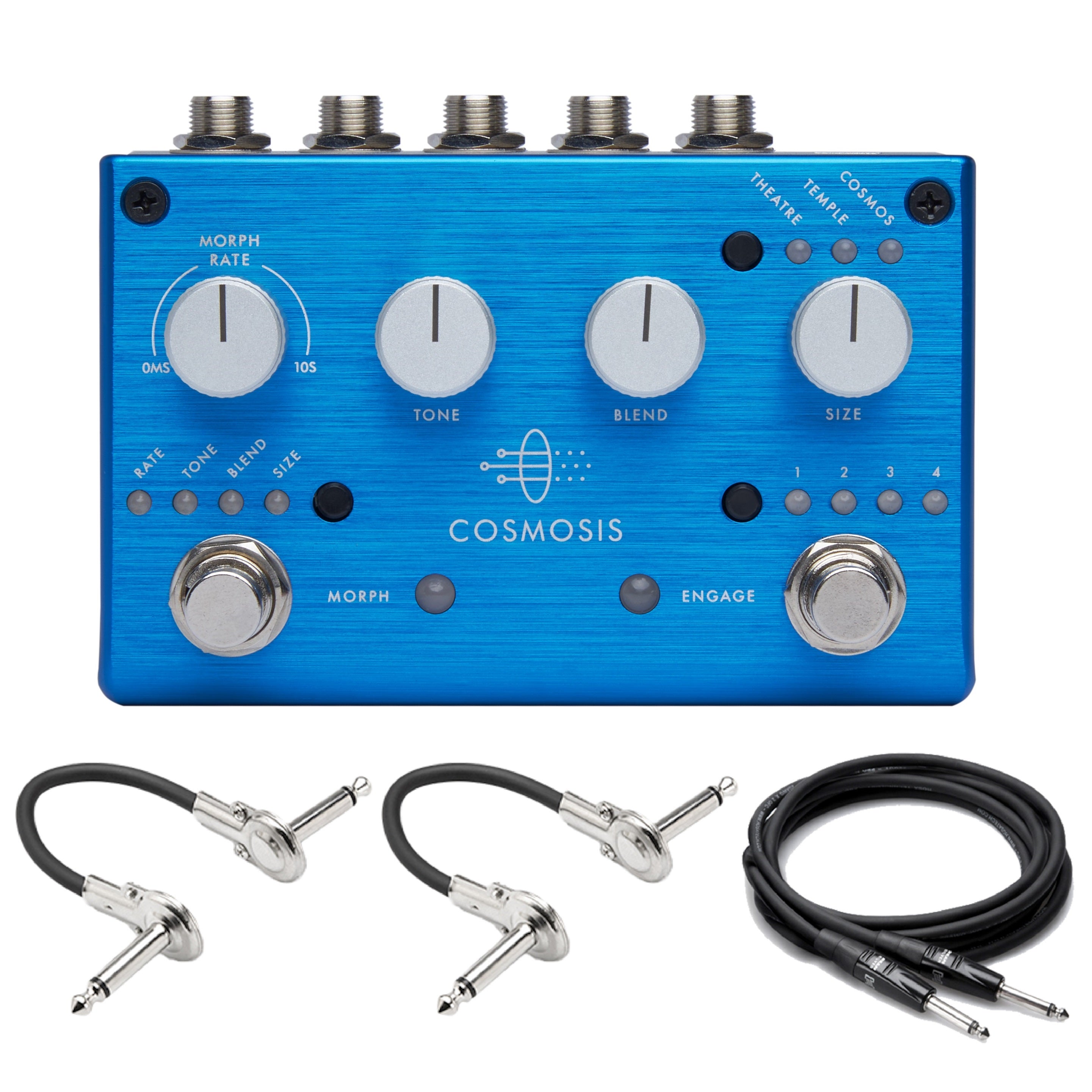 Pigtronix Cosmosis reverb pedal — top view of blue control panel