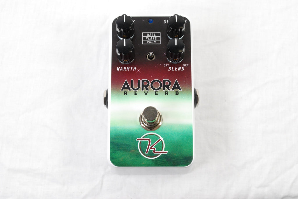 Keeley Aurora Reverb pedal — aurora green and red enclosure, alternate top angle