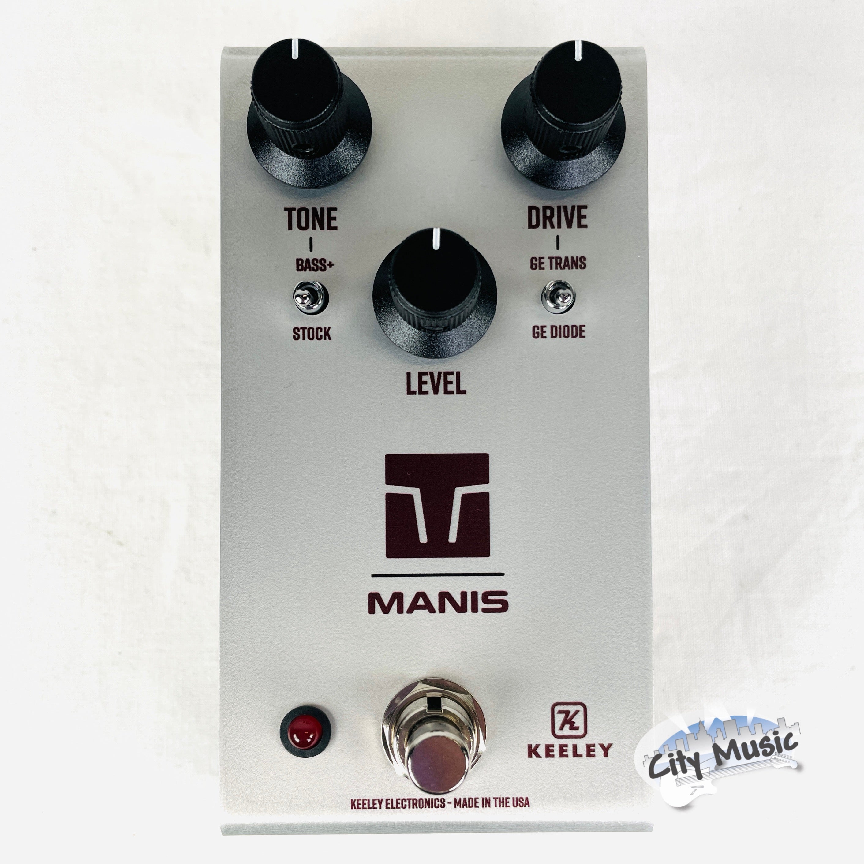 Keeley Manis Overdrive pedal — silver enclosure top view with Tone, Drive, Level knobs