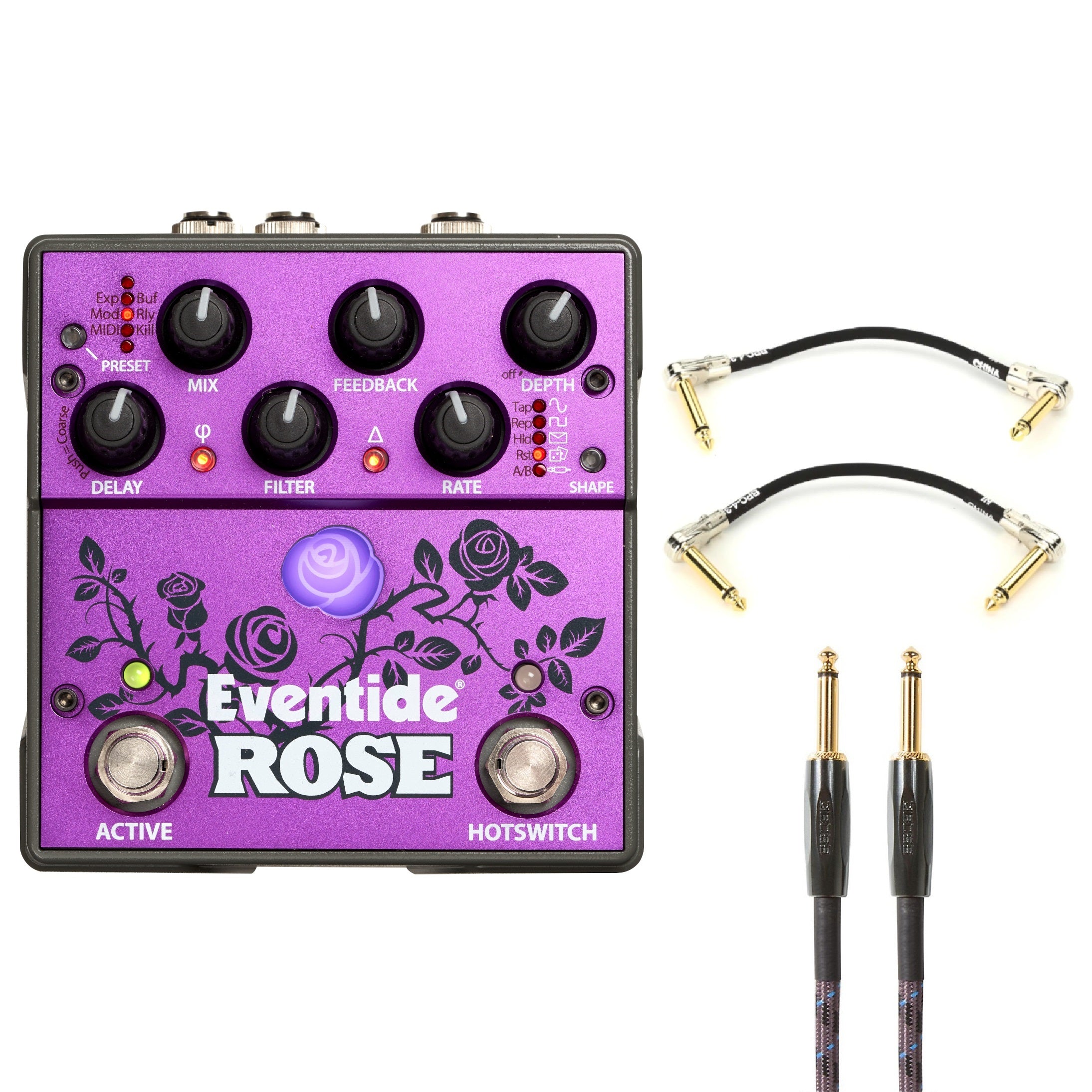Eventide Rose modulated delay pedal — purple, with Boss cables