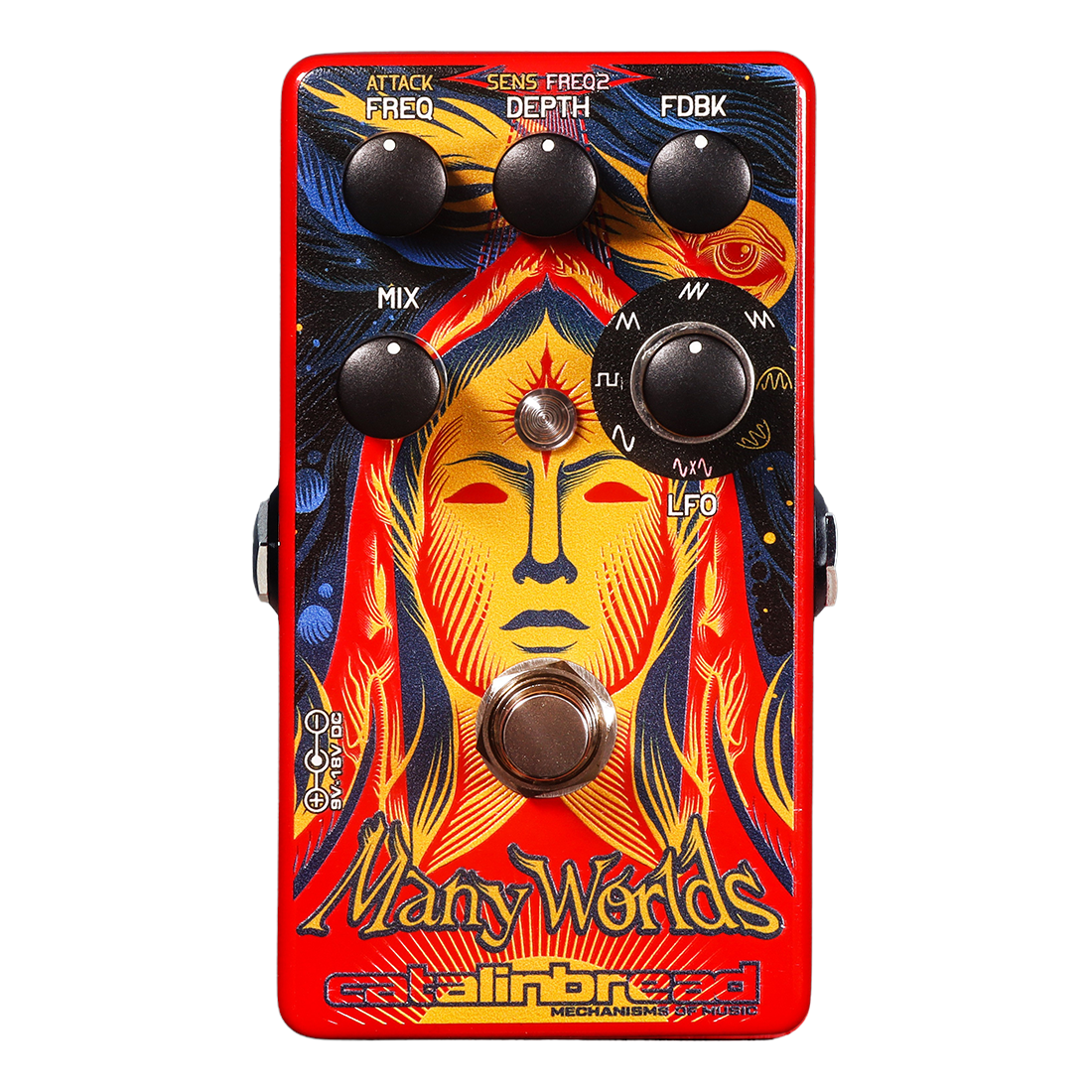 Catalinbread Many Worlds phaser pedal — angled view of controls