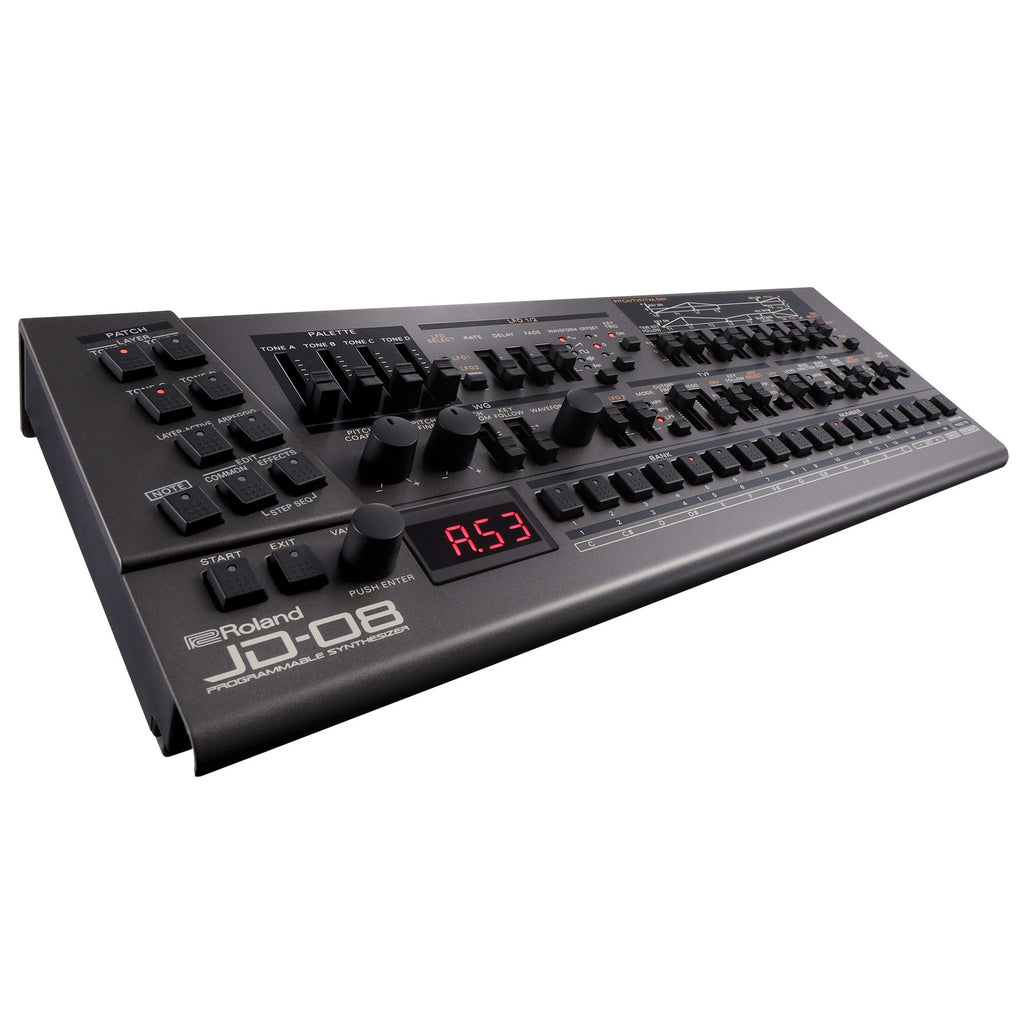 Roland JD-08 synthesizer module sliders and controls close-up