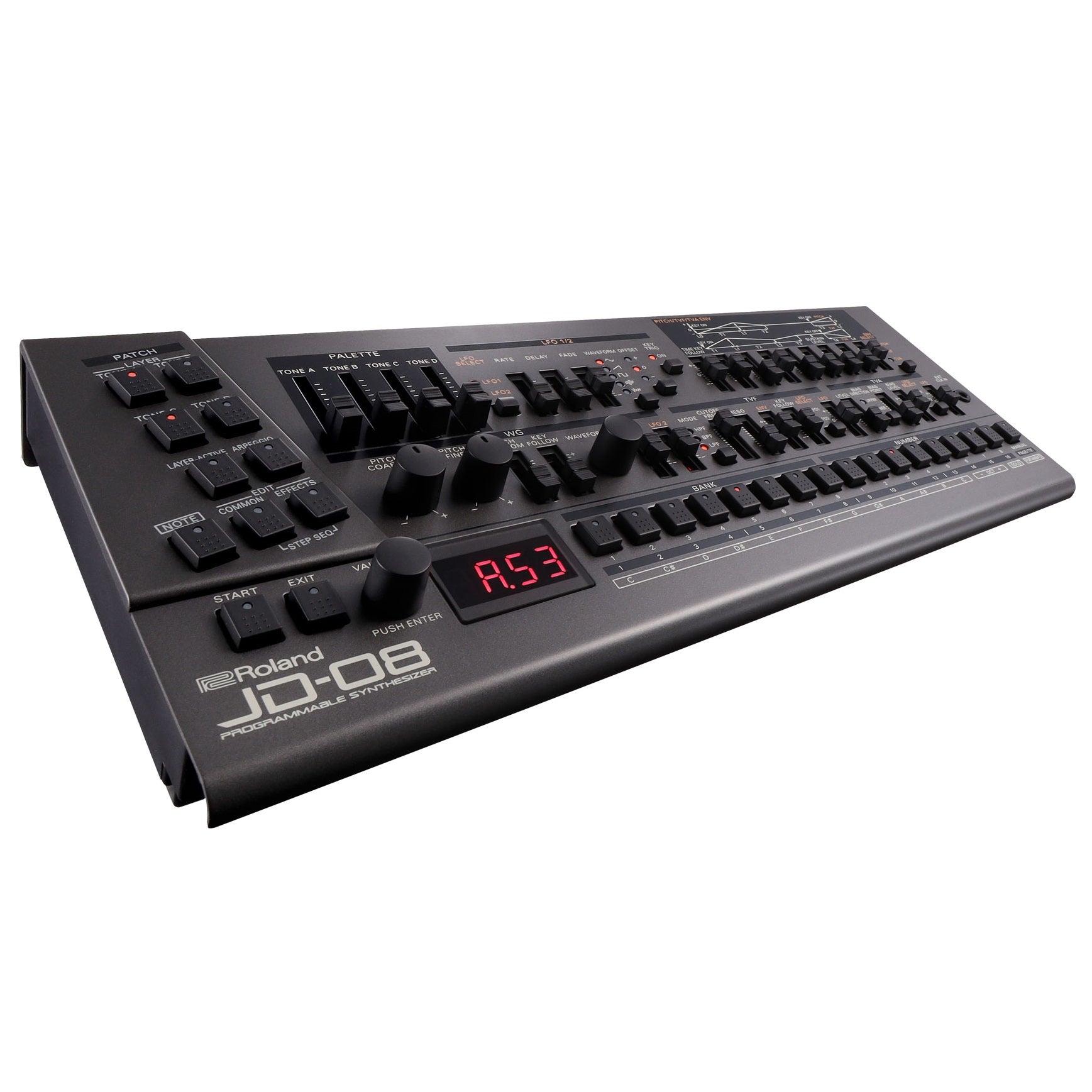 Roland JD-08 synthesizer module sliders and controls close-up