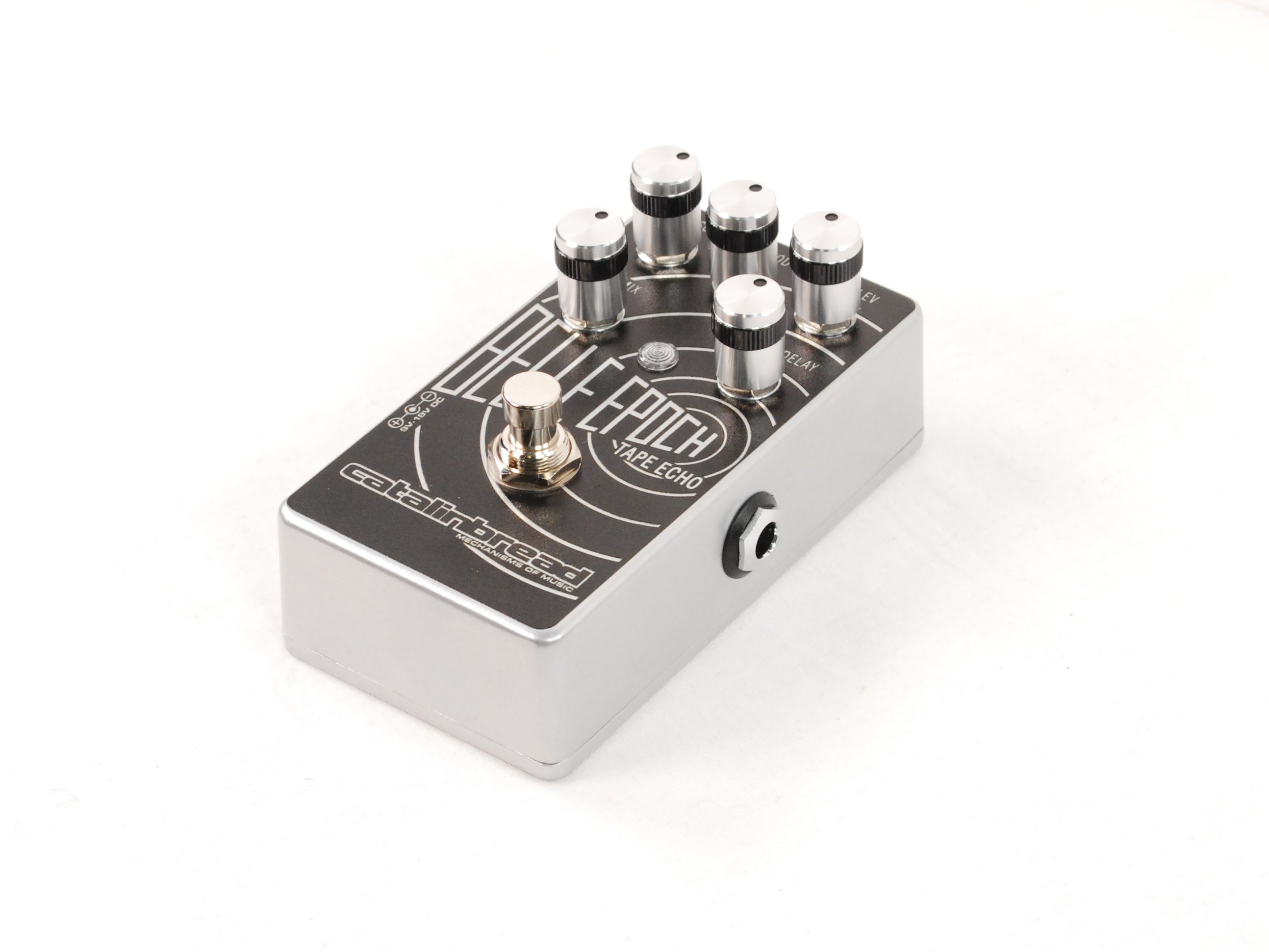 Catalinbread Belle Epoch tape echo delay pedal - knob and footswitch detail