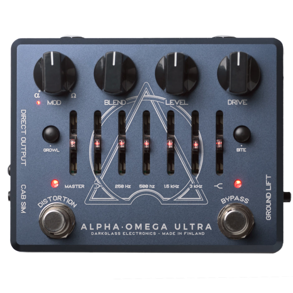 Darkglass Alpha Omega Ultra bass preamp pedal — blue enclosure, top control panel