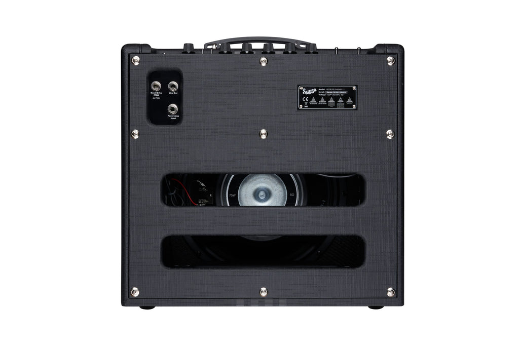 Supro Delta King 12 tube combo amp, angled side view in black